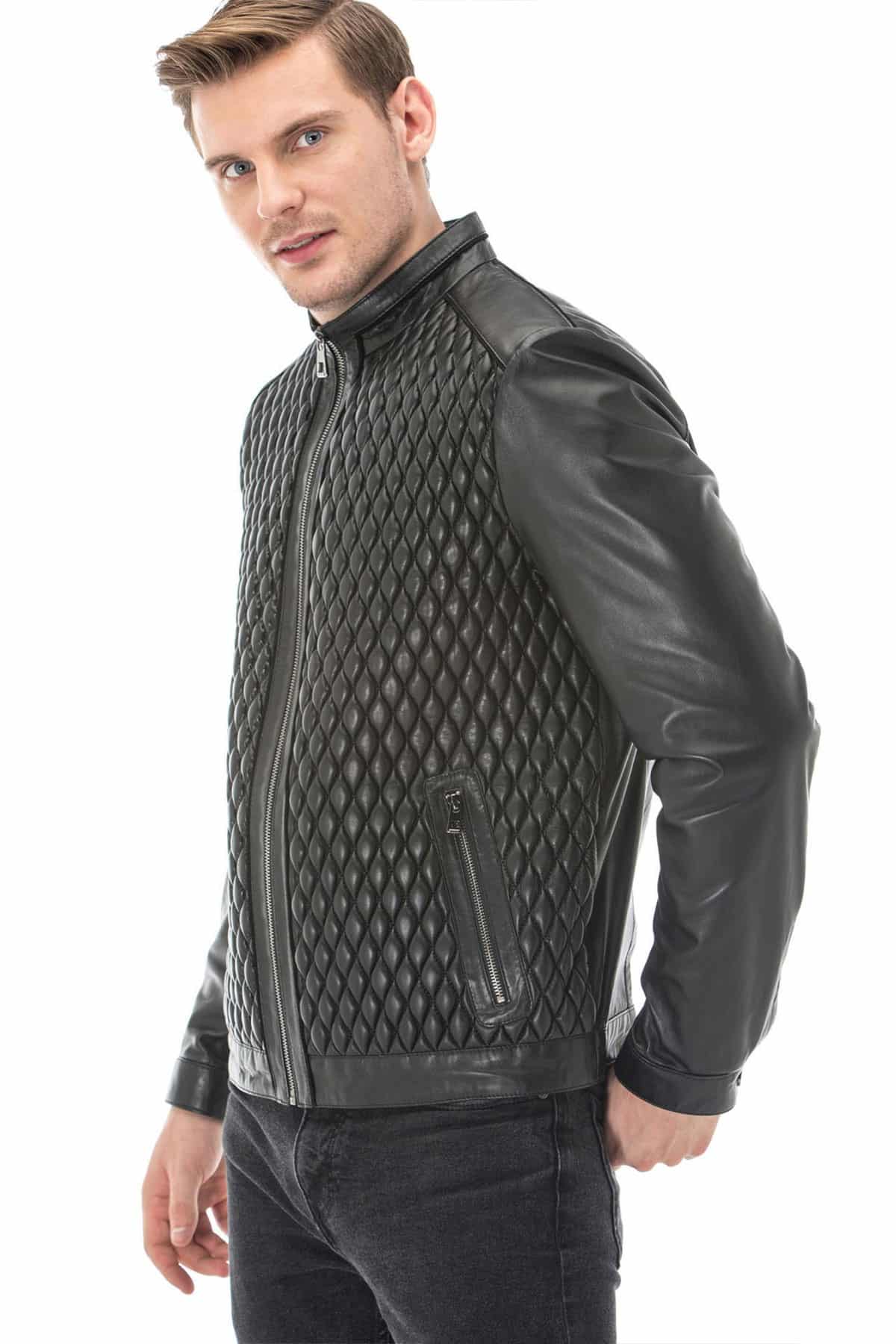 Mens Black Diamond Quilted Leather Bomber Jacket Side