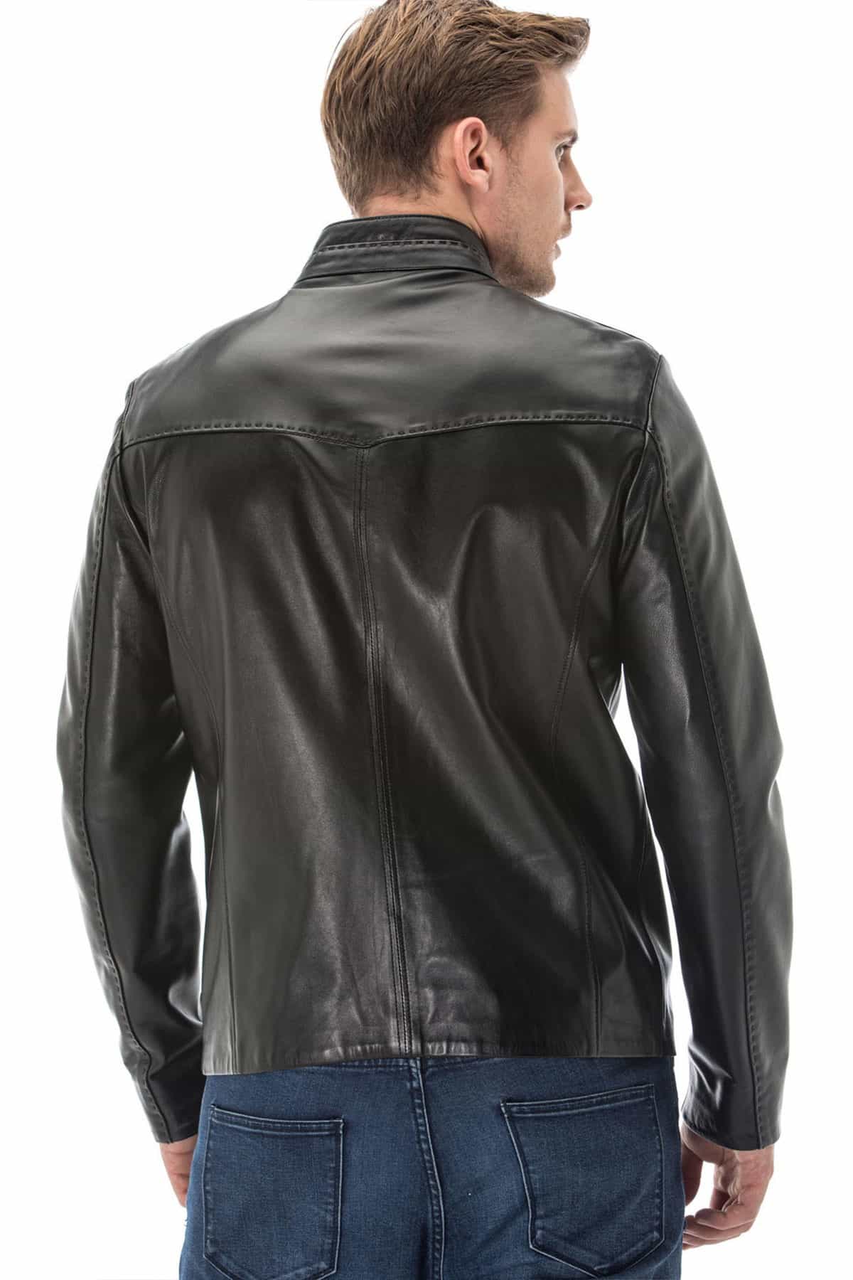 Mens Black Leather Jacket with Stitching Detail Back