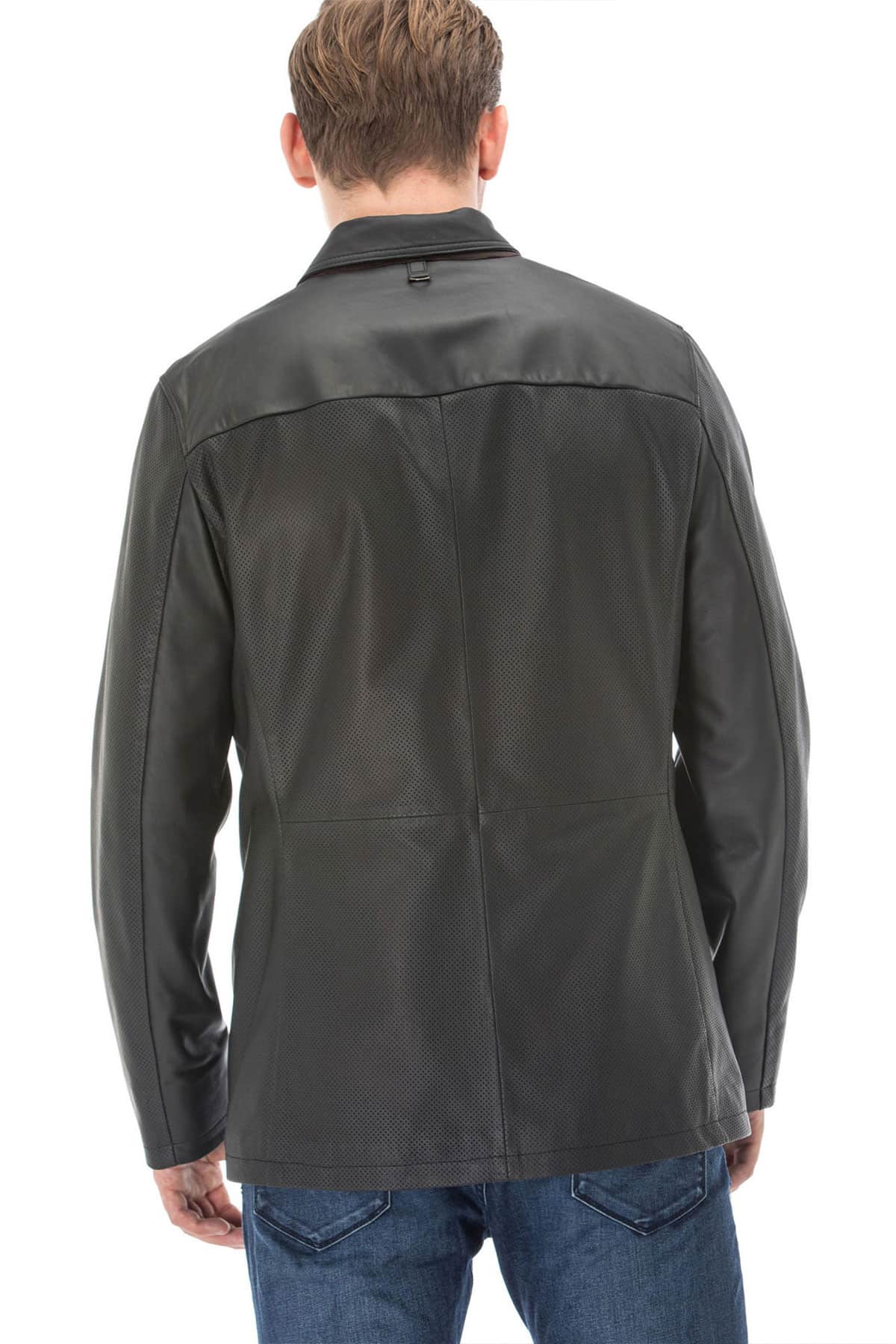 Mens Black Slim Fit Blazer Perforated Leather Jacket Back