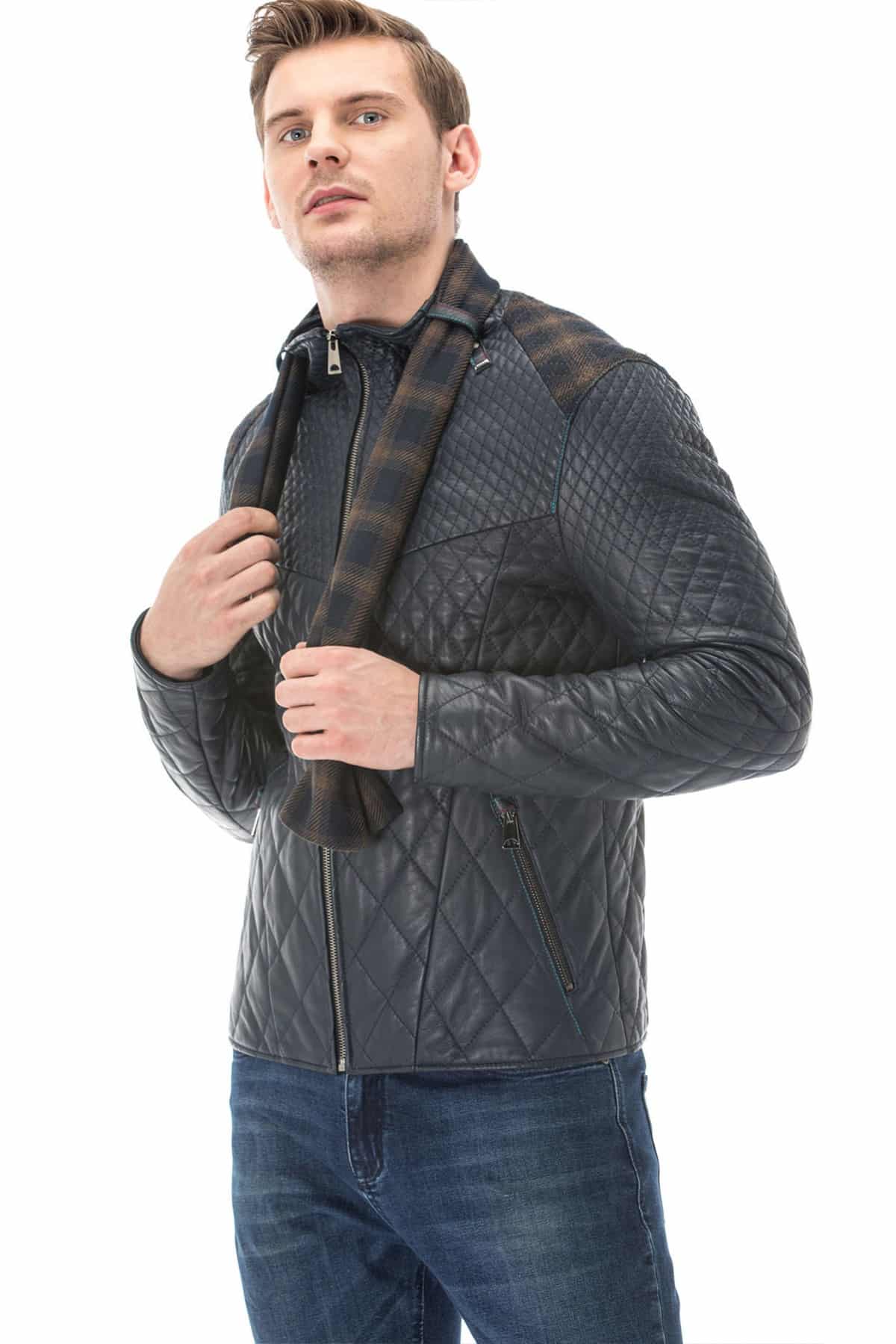Mens Navy Blue Quilted Fitted Leather Jacket with Shawl Side Pose