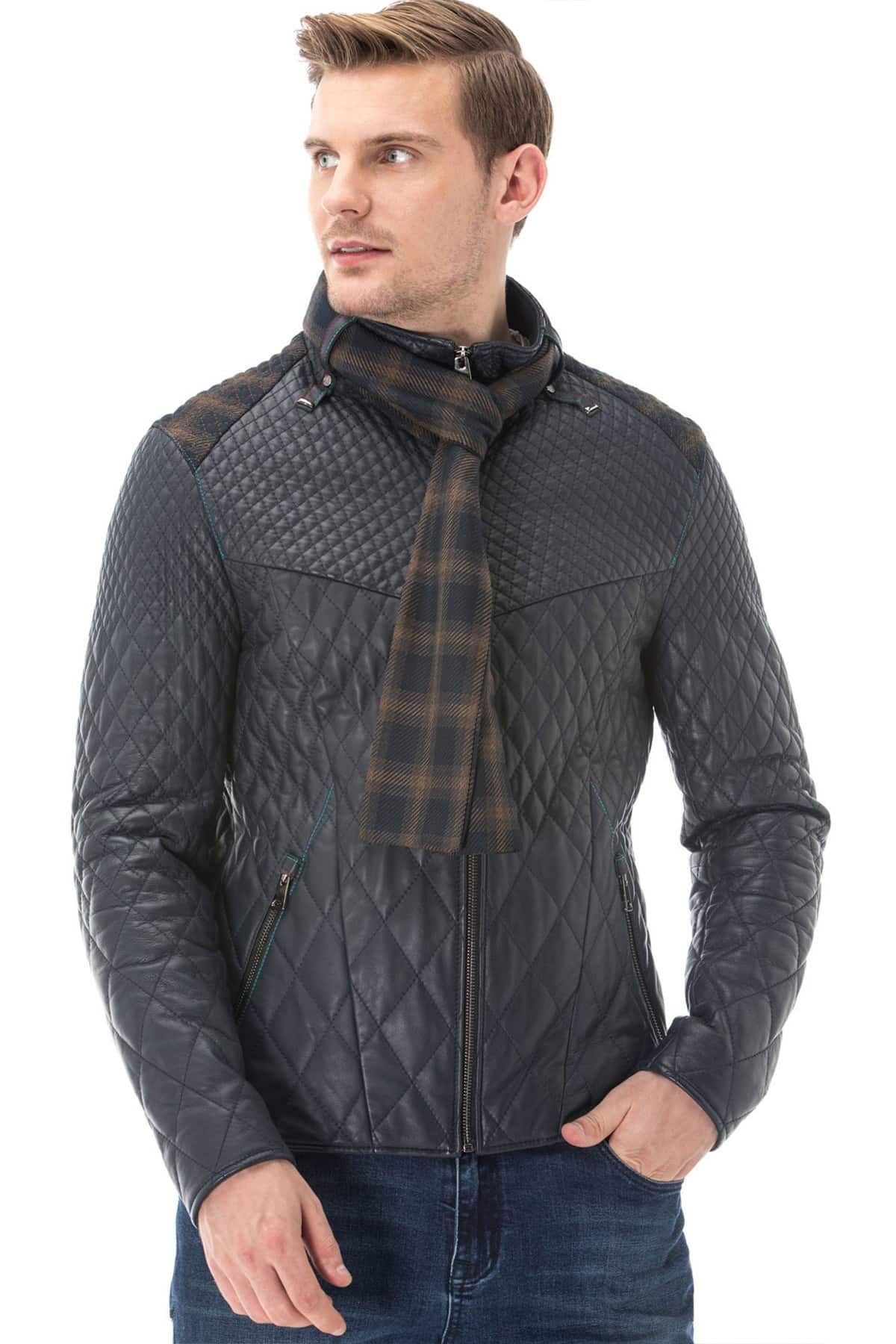 Men's 100% Real Navy-Blue Leather Quilted Fitted Jacket