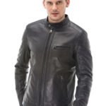 Men's 100% Real Navy Blue Leather Zipper Pocket Bomber Jacket