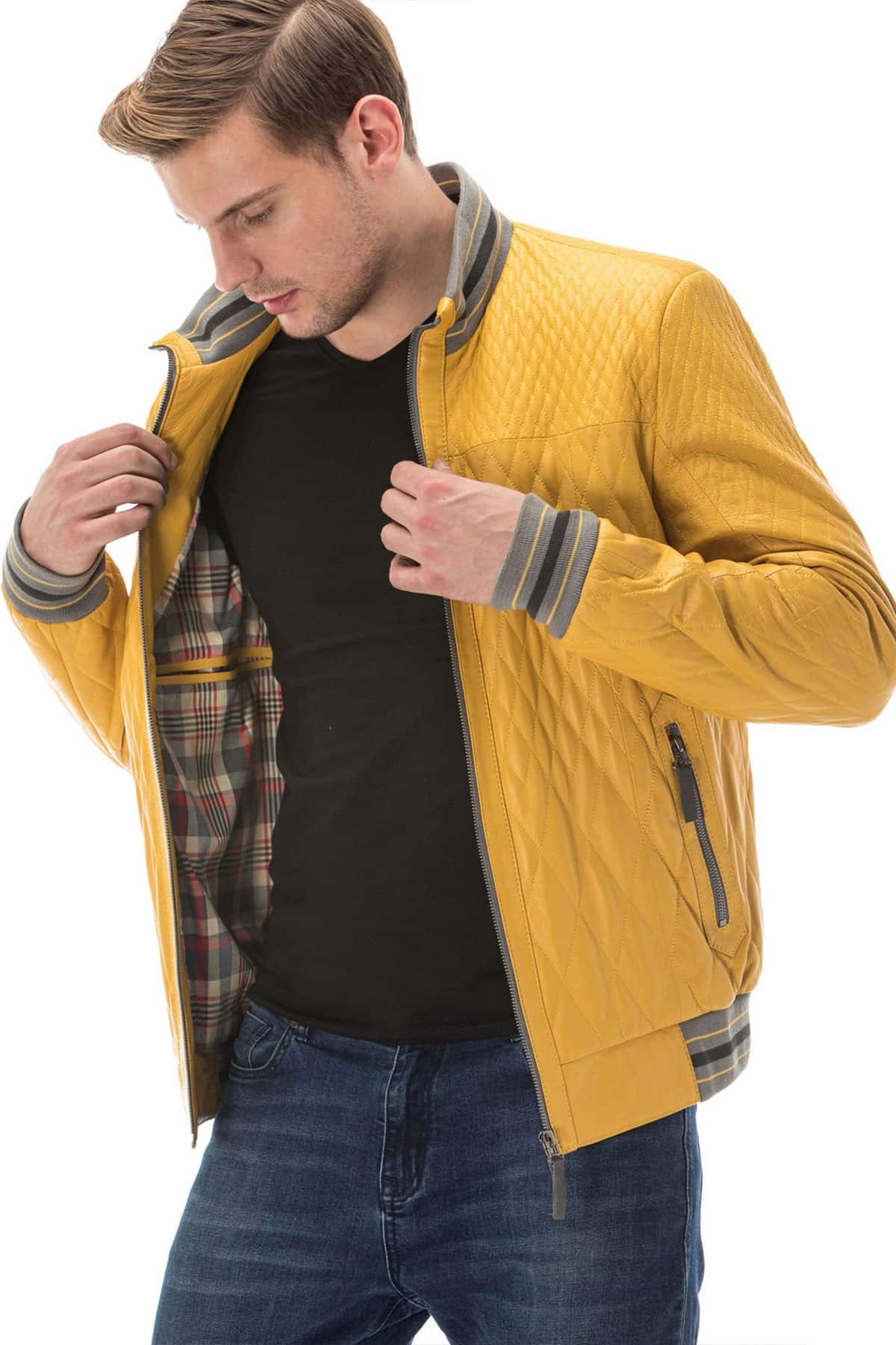 Buy Now This Mens Yellow Quilted Leather Bomber Jacket