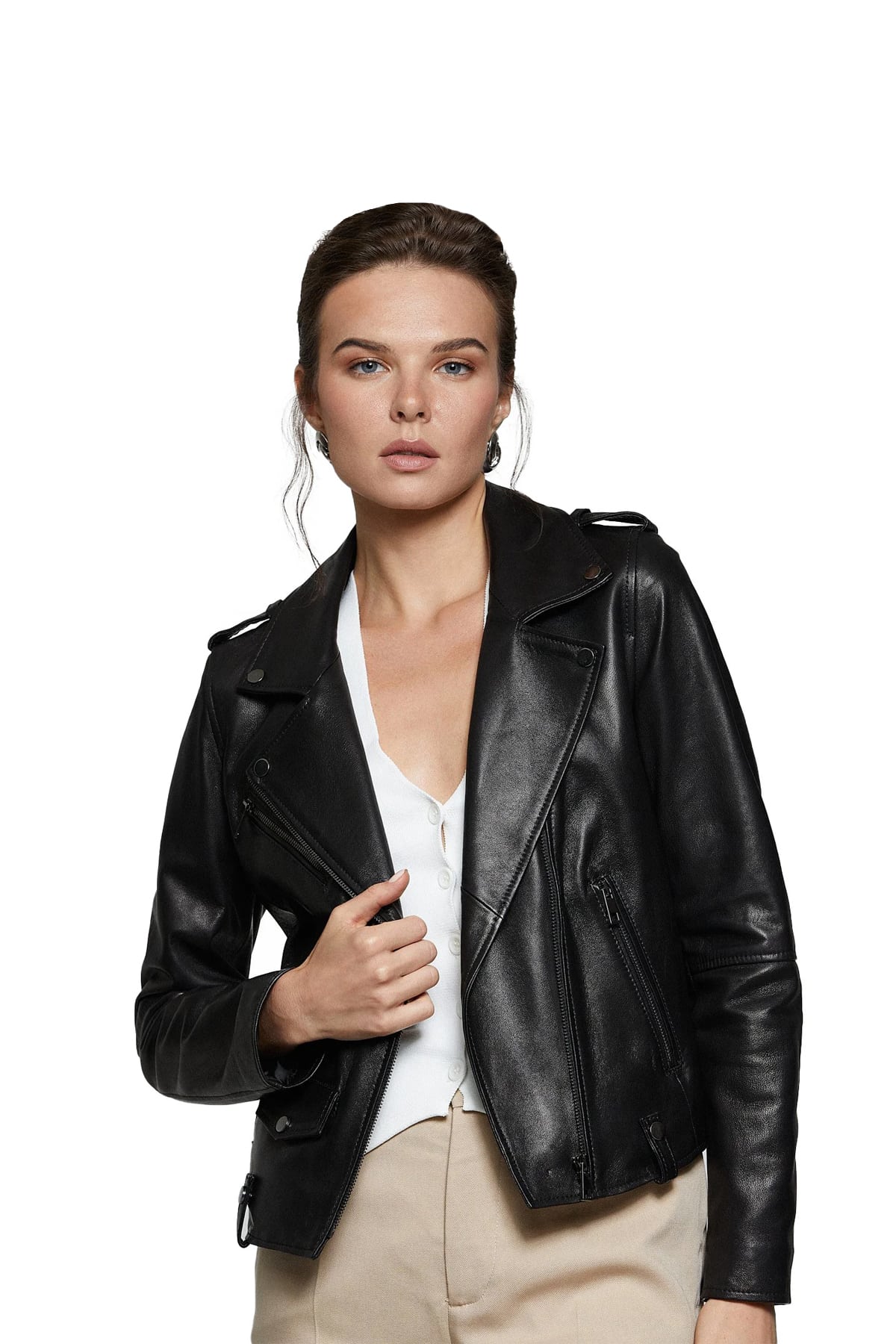 Remi Ladies Black Double Breasted Genuine Sheepskin Designer Leather Motorbike Jacket Perfecto Style
