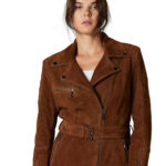 Zara Women's 100% Real Saddle Brown Leather Suede Trench Biker Style Coat