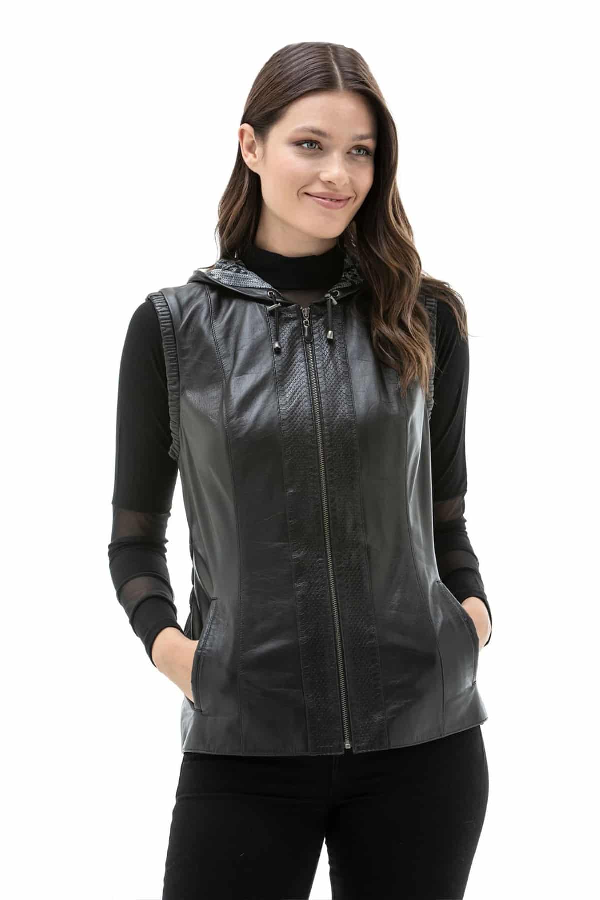 Black Real Leather Vest Woman Ruffles Sleeveless Real Leather Gilet Jacket  Tops