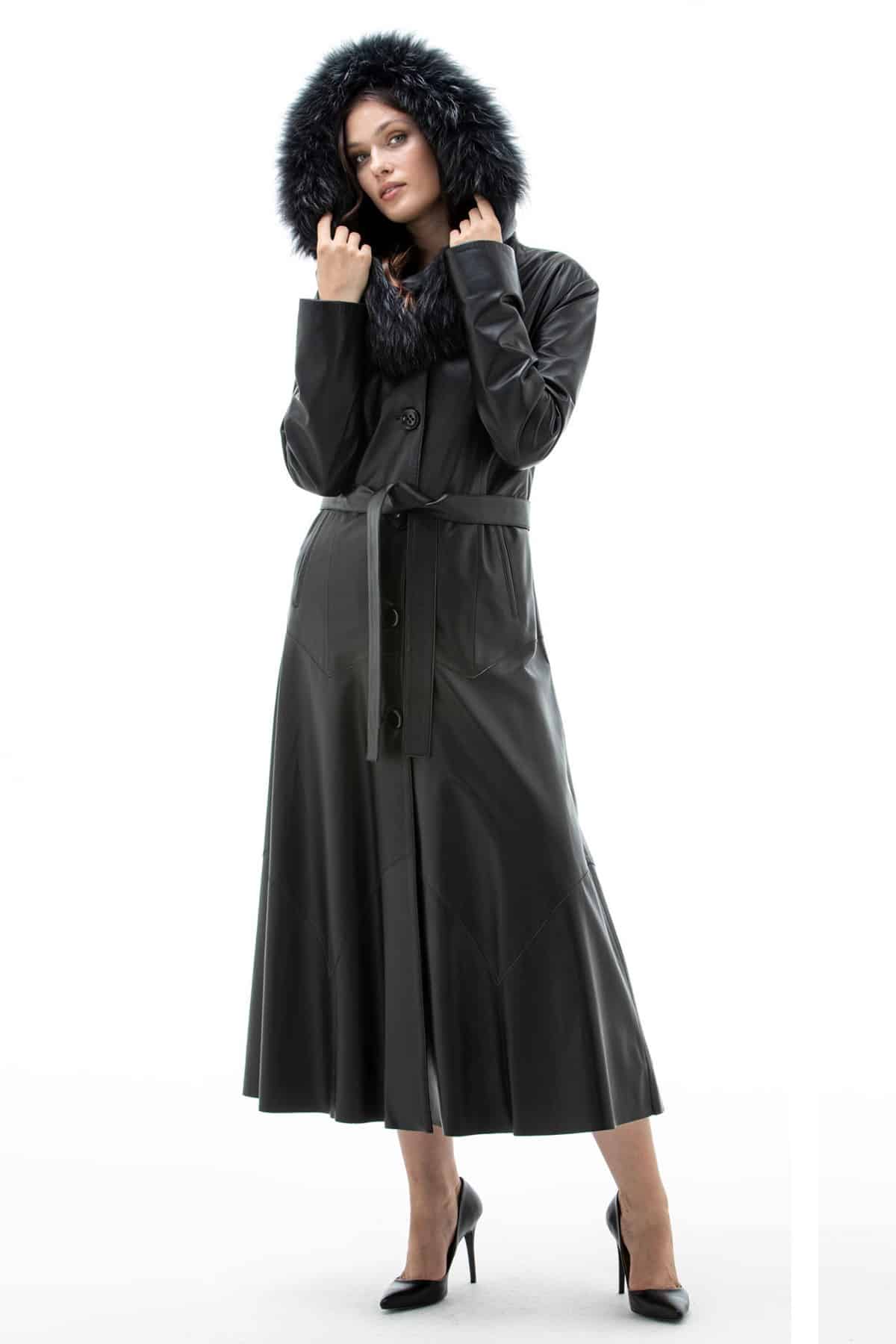 Womens Black Fur Hooded Long Leather Frock Coat Pose