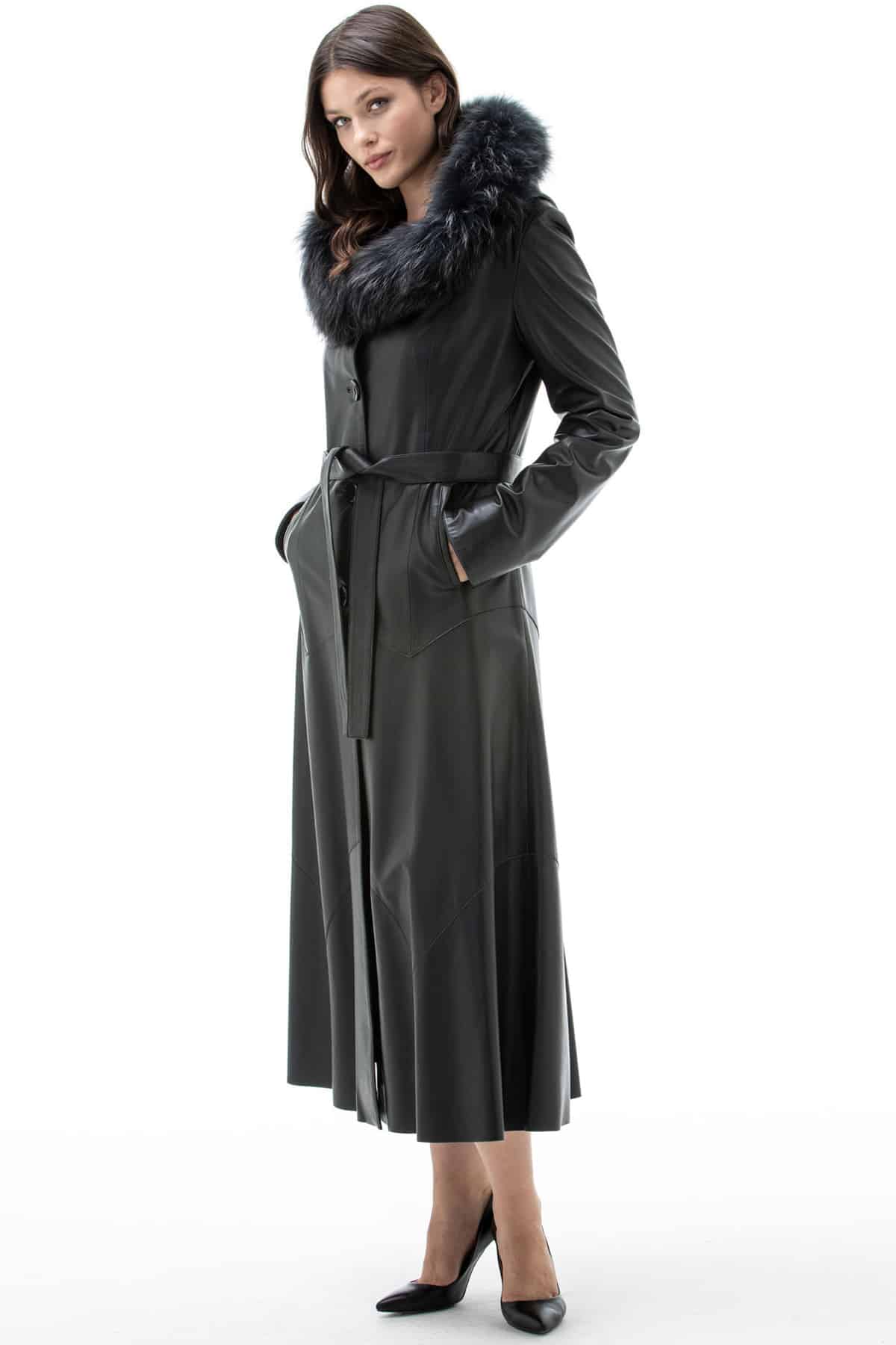 Women's 100% Real Black Leather Fur Hooded Long Frock Coat