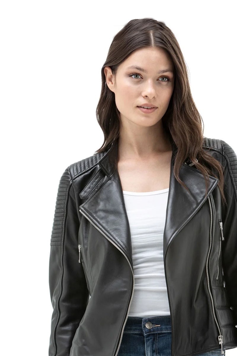 Womens Black Leather Biker Jacket With Back Print