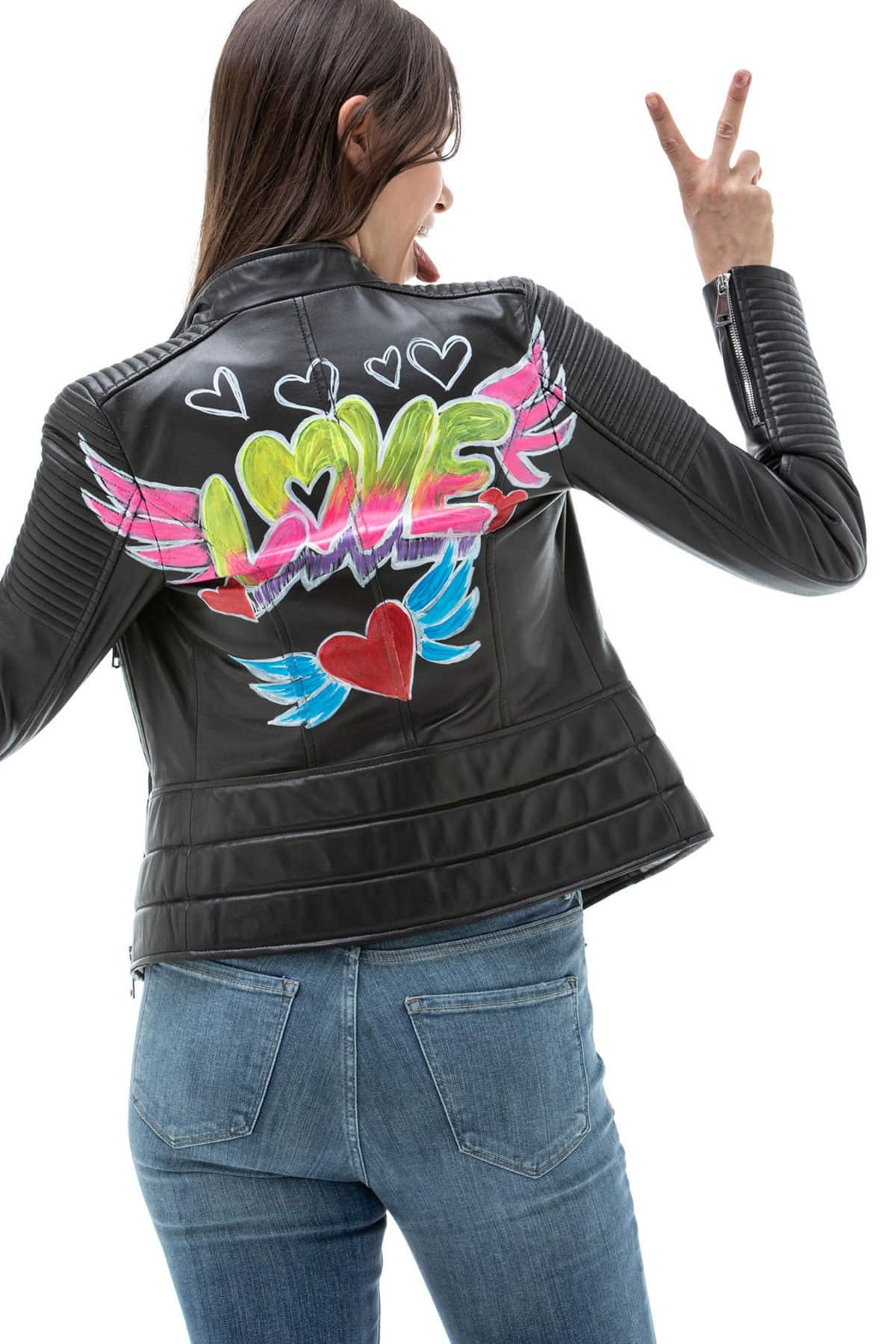 Womens Black Leather Biker Jacket With Back Print