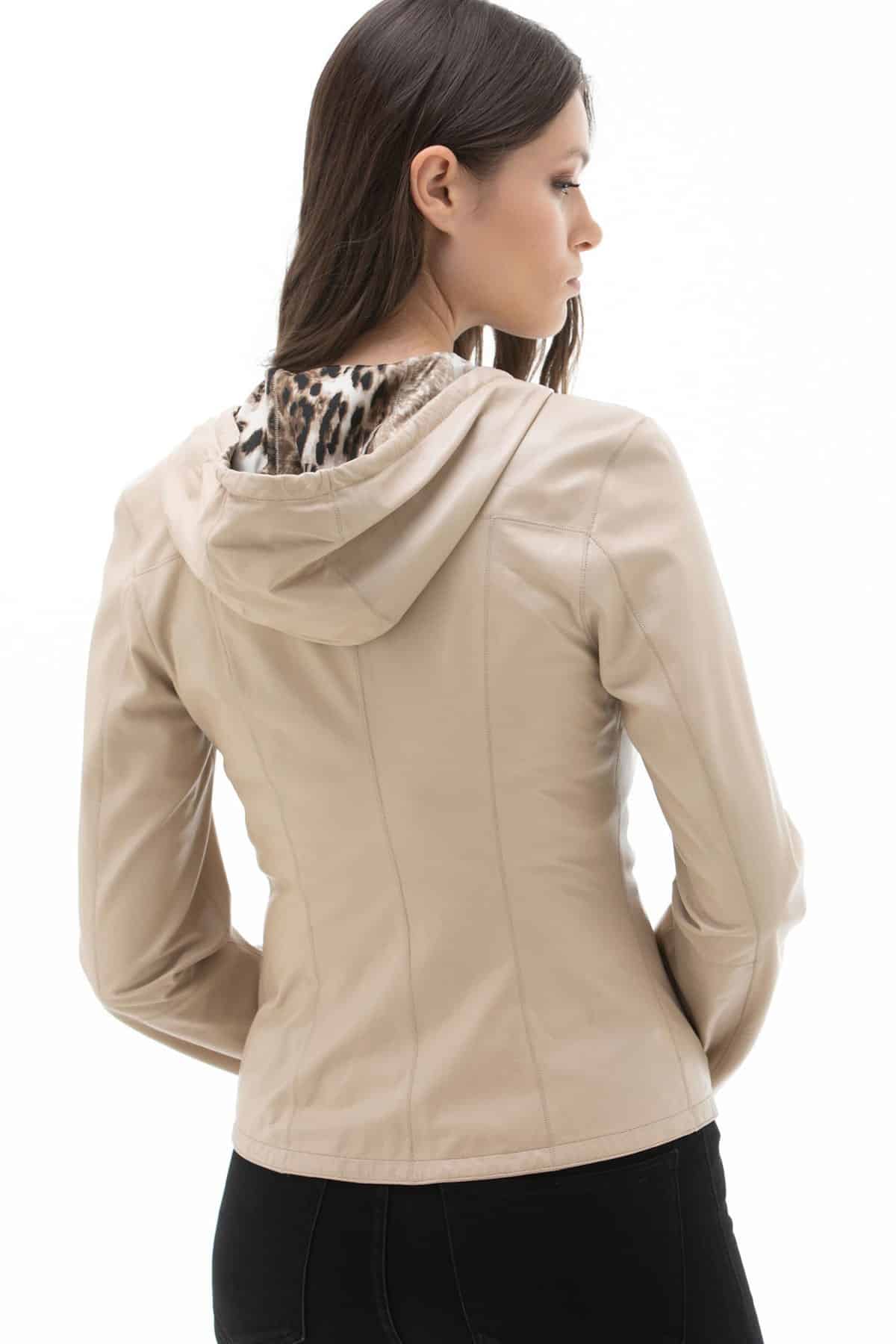 Womens Double Faced Hooded Beige Leather Jacket Back2