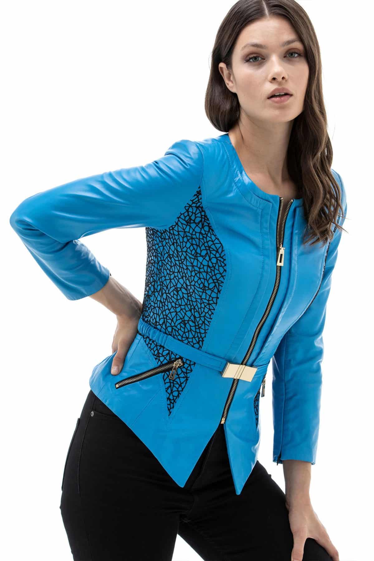 Womens Embroidered Blue Collarless Leather Jacket Pose