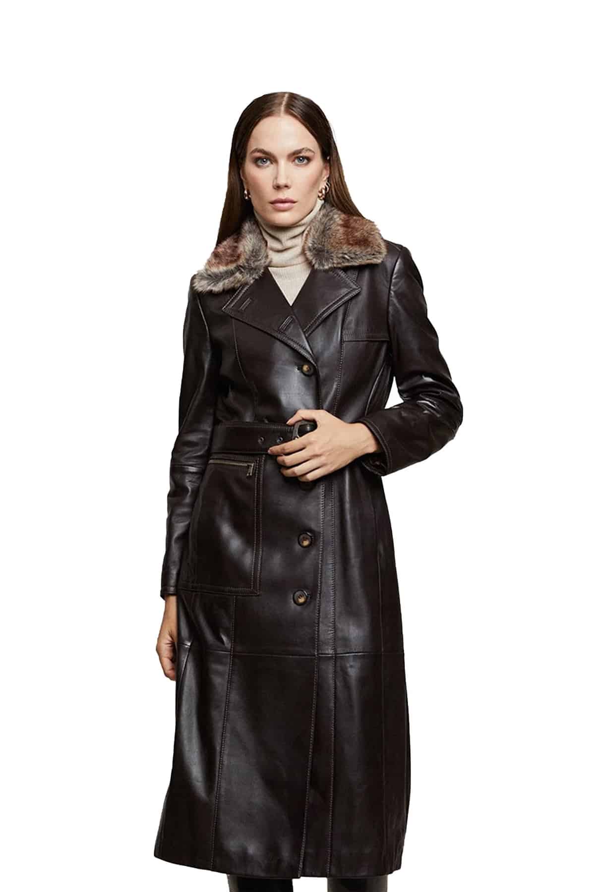 Women's 100 % Real Black Leather Fur Collar Trench Extra Long Coat