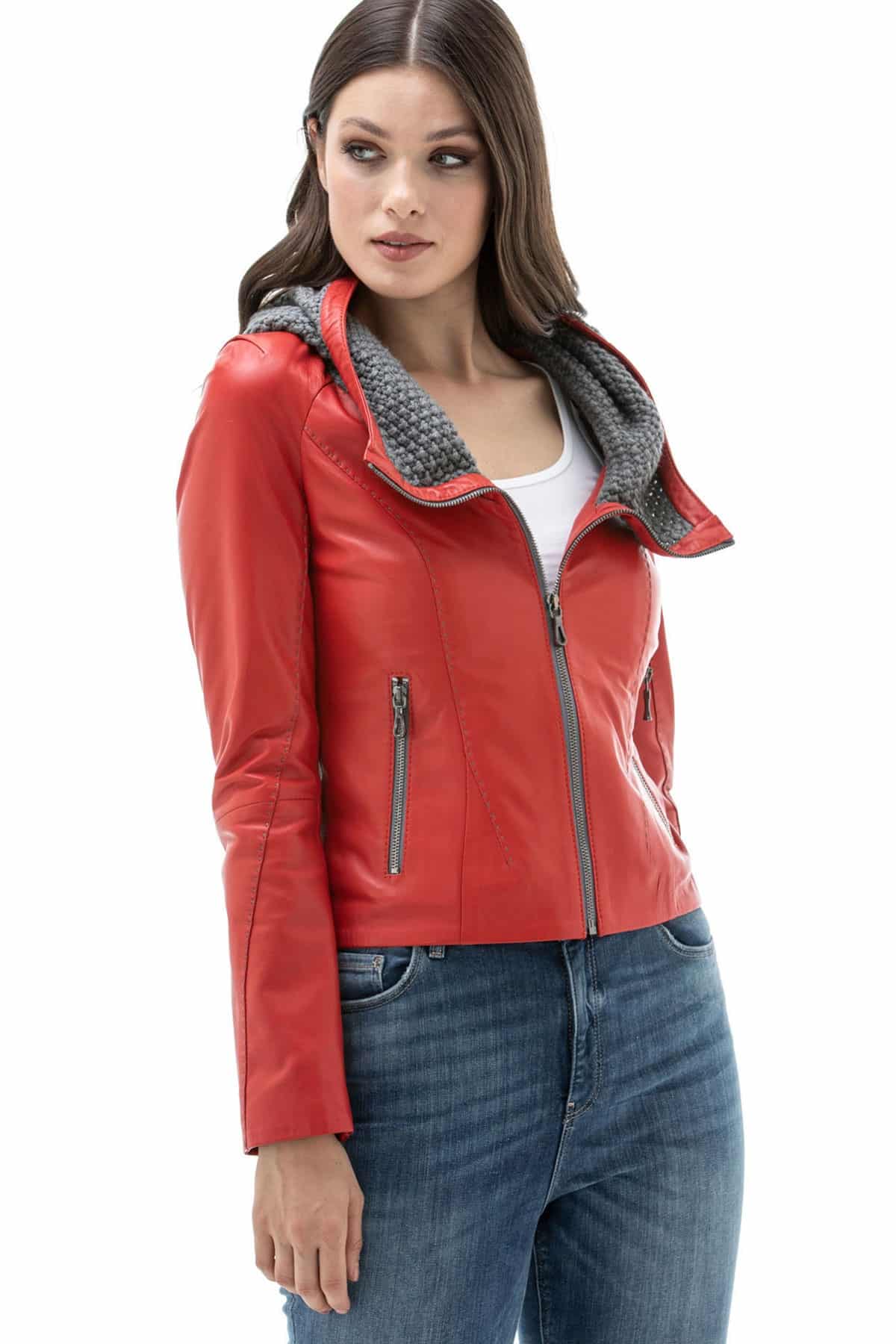 Women's 100% Real Red Leather Cardigan Knitwear Hood Jacket