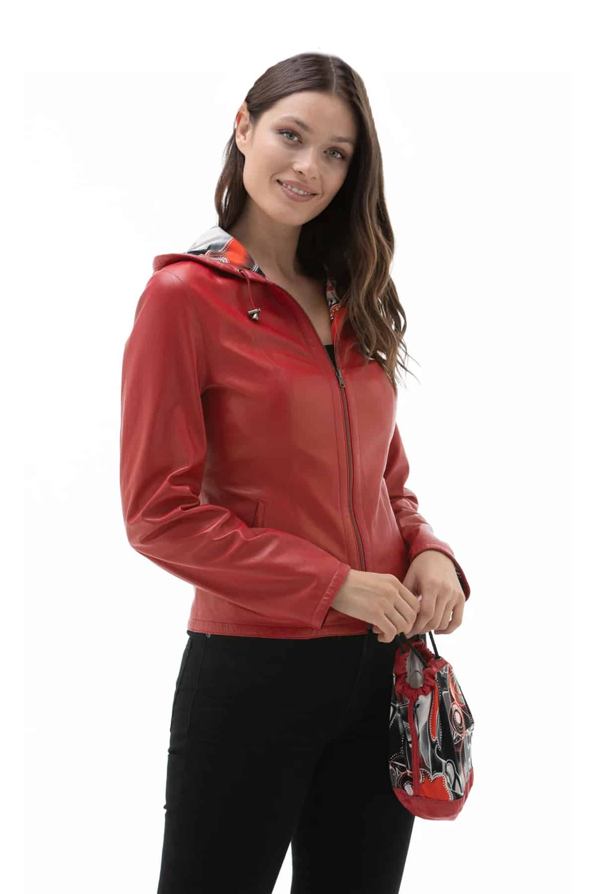 Women's 100% Real Red Leather Reversible Hooded Jacket