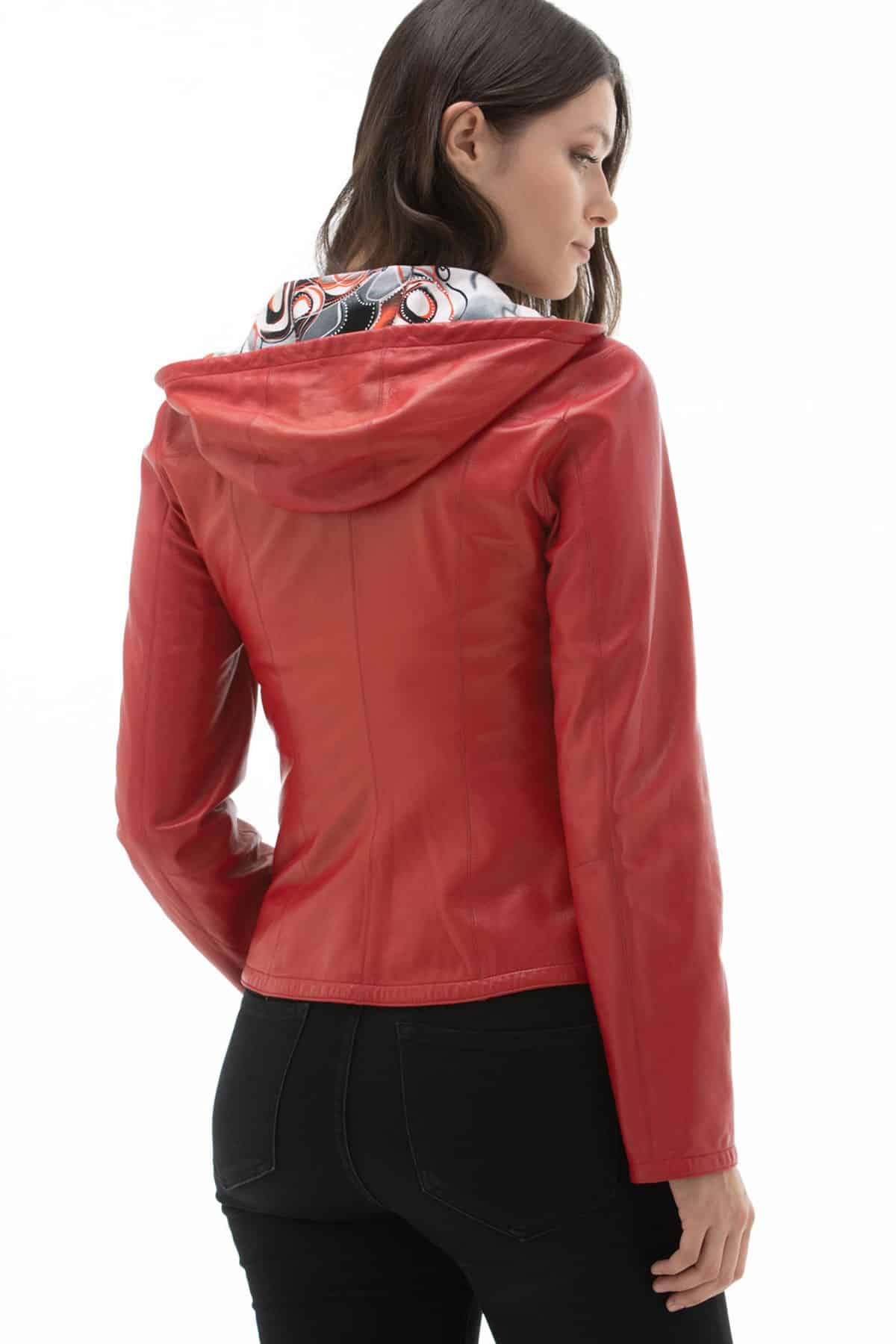 Womens Reversible Hooded Red Leather Jacket Back2