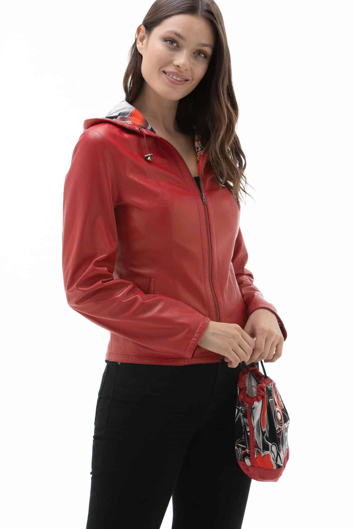 Womens Reversible Hooded Red Leather Jacket2