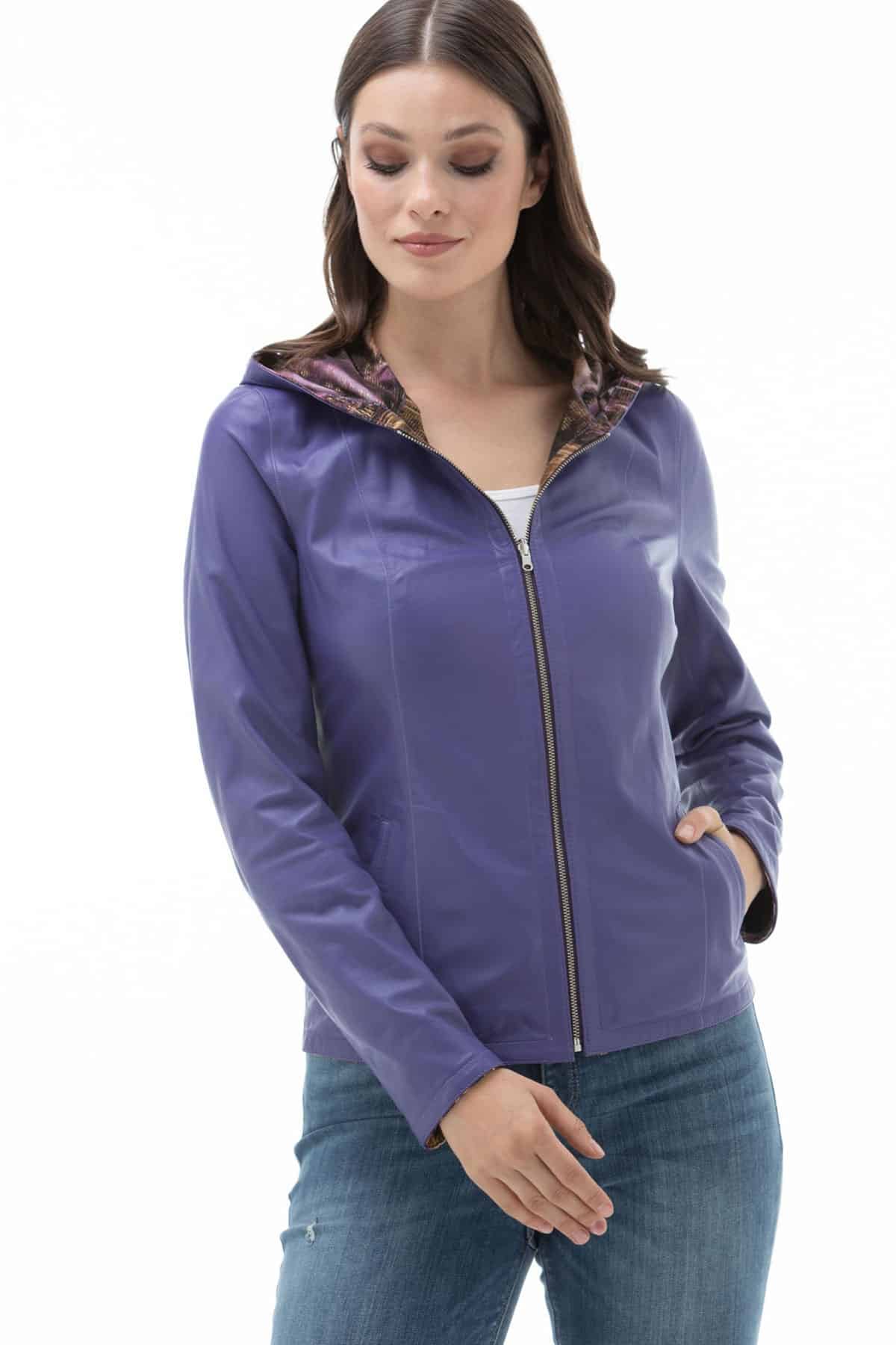 Womens Two in One Lilac Purple Leather Hooded Jacket Front