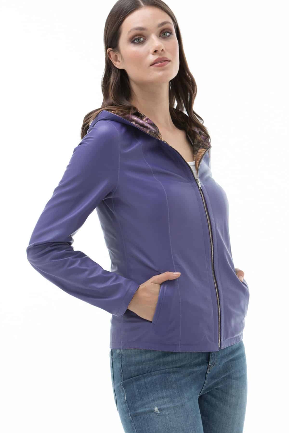 Womens Two in One Lilac Purple Leather Hooded Jacket Side
