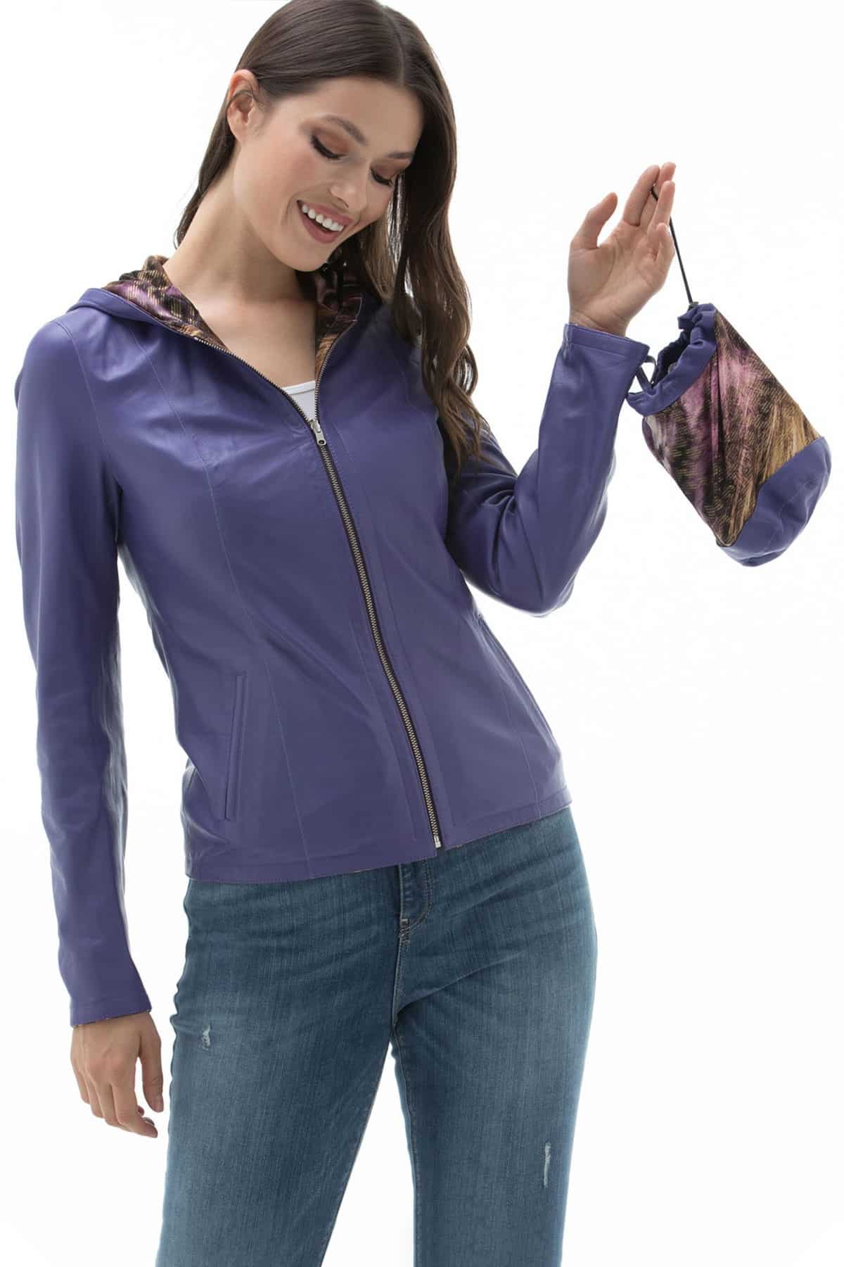 Womens Two in One Lilac Purple Leather Hooded Jacket2