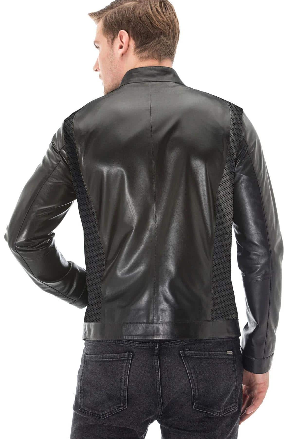 Fred Men's 100% Real Black Leather Slim Fit Perforated Jacket