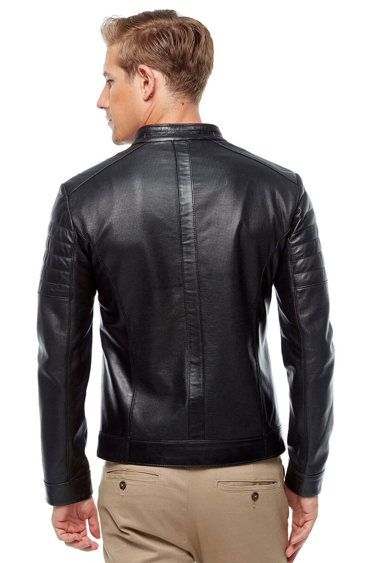 Black Perforated Mens Leather Slim Fit Jacket2