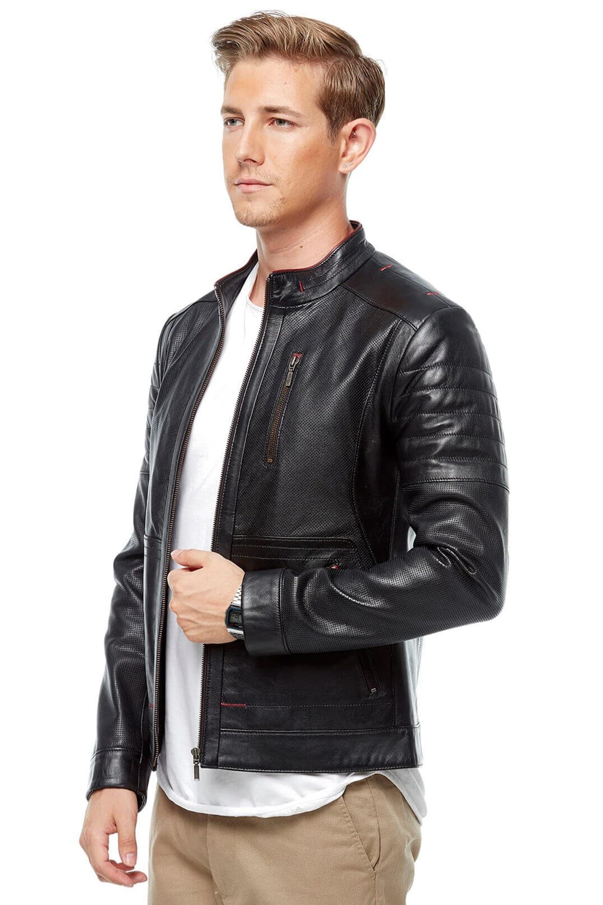 Black Perforated Mens Leather Slim Fit Jacket - Urban Fashion Studio