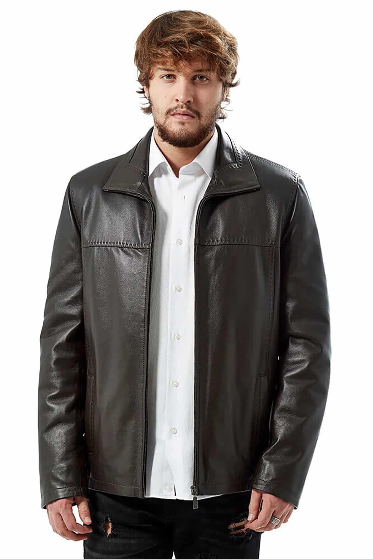 Bold Stiched Men’s Brown Leather Coat4
