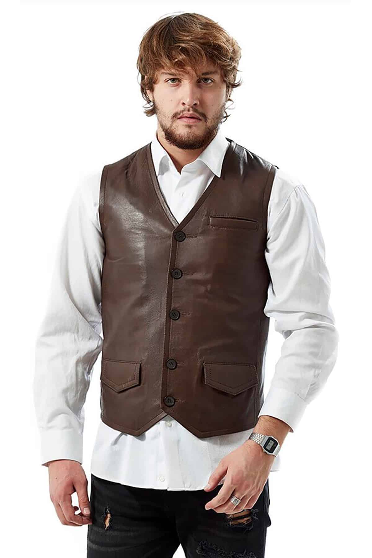 Men's 100 % Real Brown Leather Pocket Vest