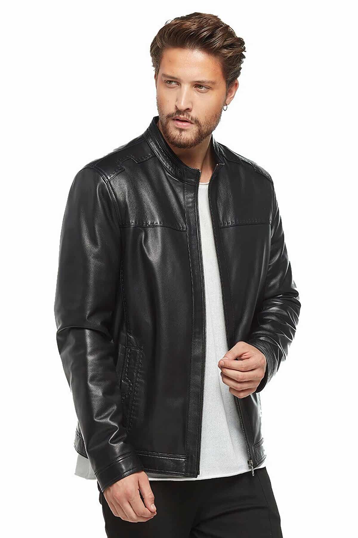 Men’s Detail Stitched Leather Jacket Black3
