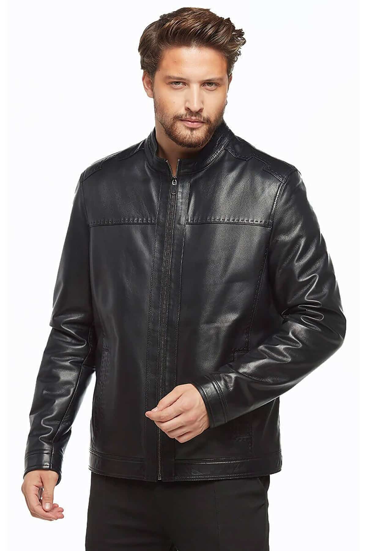 Men’s Detail Stitched Leather Jacket Black4