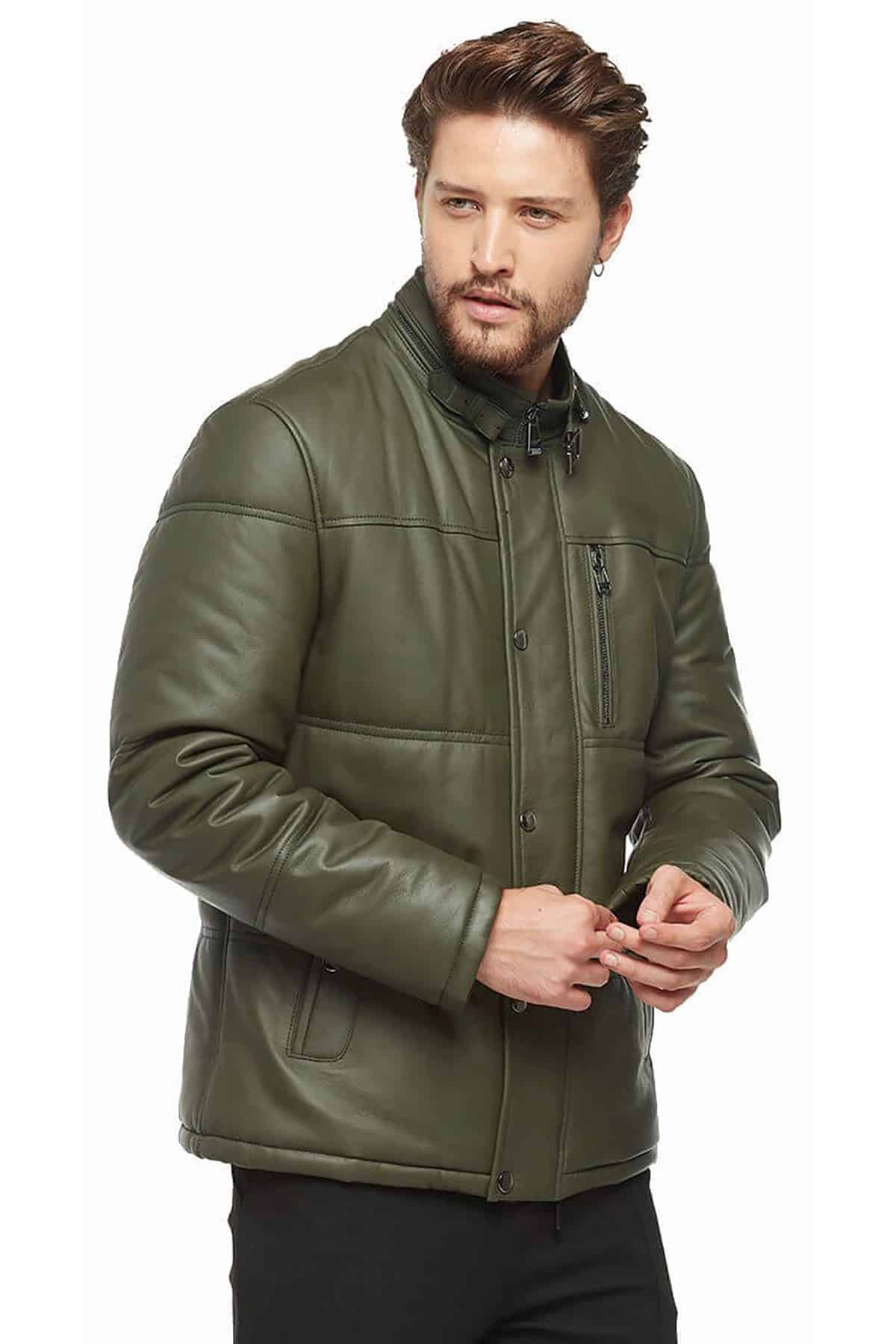 Urban Fashion Studio Men's Green Inflatable Leather Puffer Jacket