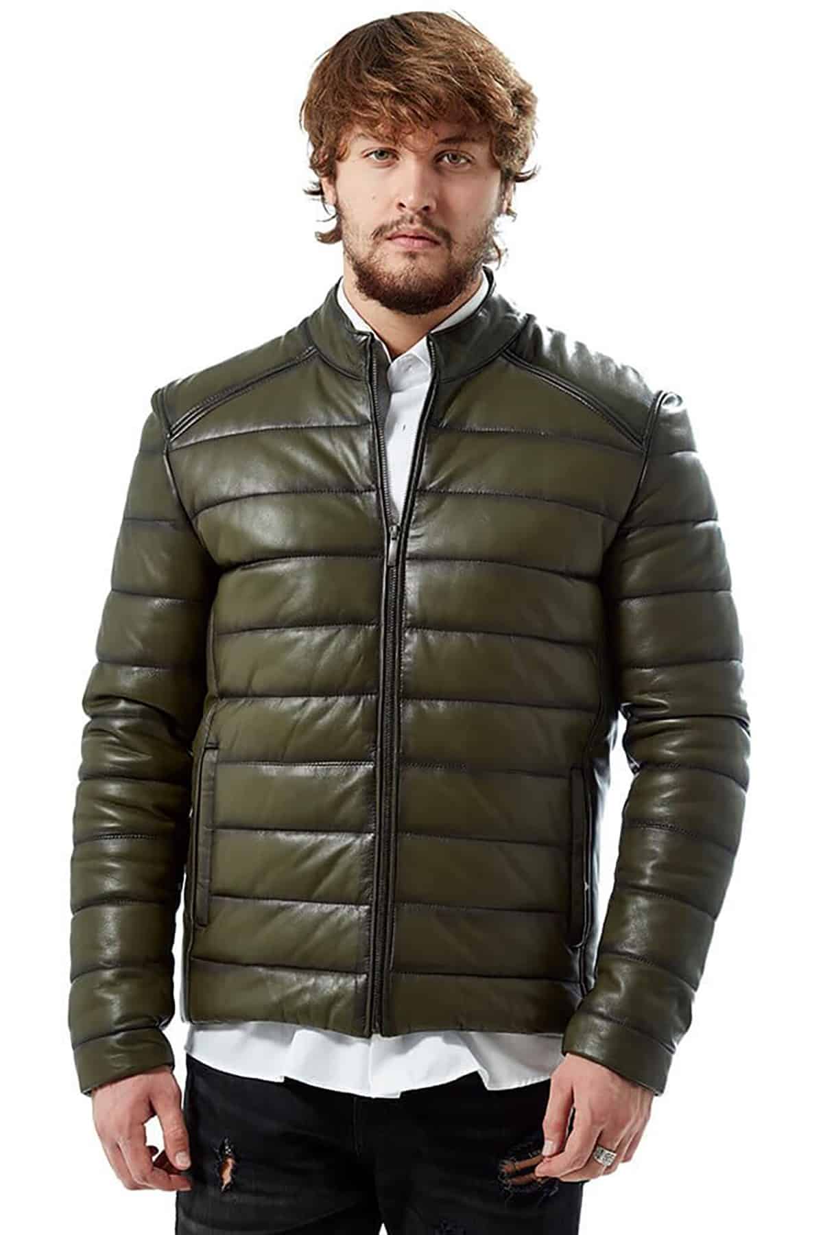 Men's 100 % Real Green Leather Inflatable Puffer Jacket