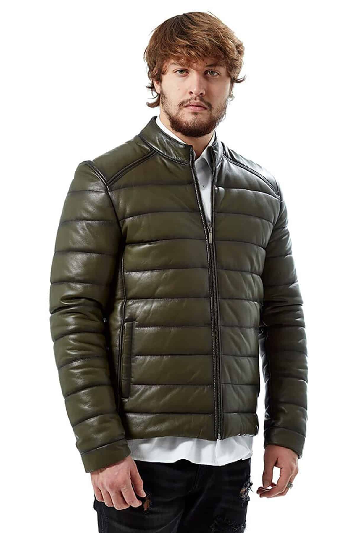 Men’s Green Inflatable Leather Puffer Jacket3