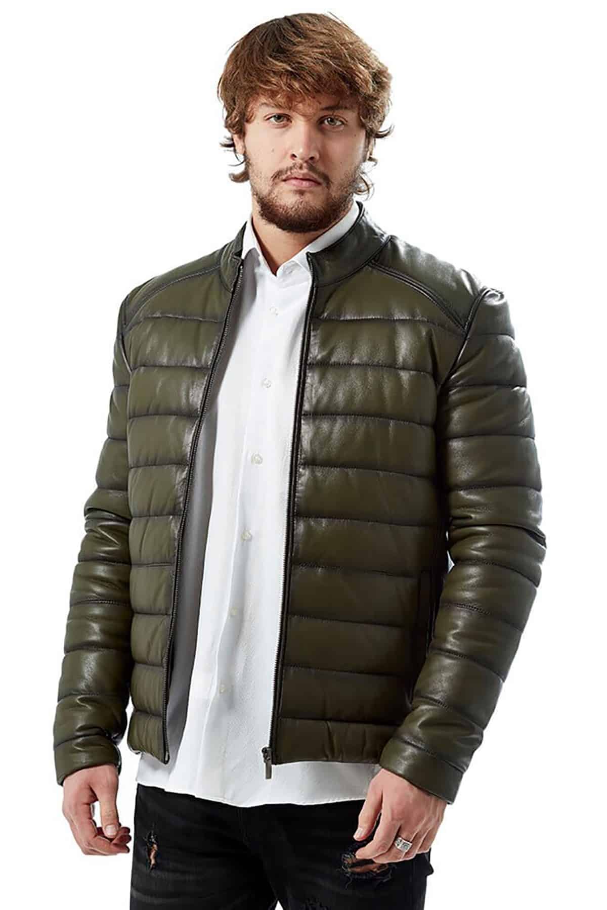 Men’s Green Inflatable Leather Puffer Jacket4