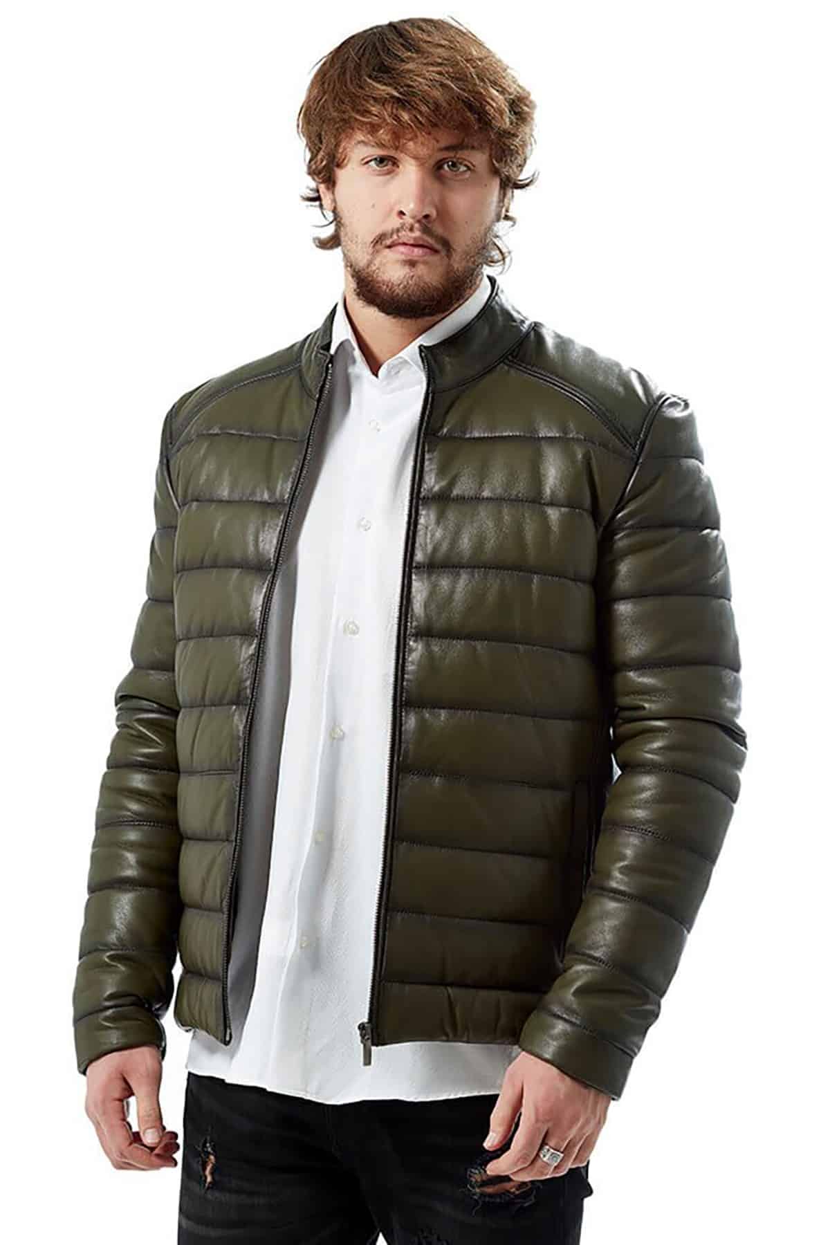 Men's 100 % Real Green Leather Inflatable Puffer Jacket