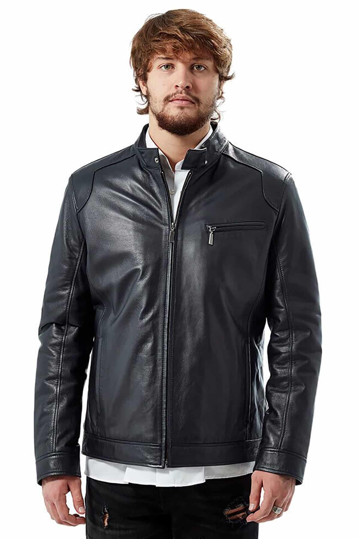 Men’s Leather Jacket in Navy Blue4