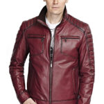 Men's 100% Real Maroon Leather Quilted Bomber Jacket