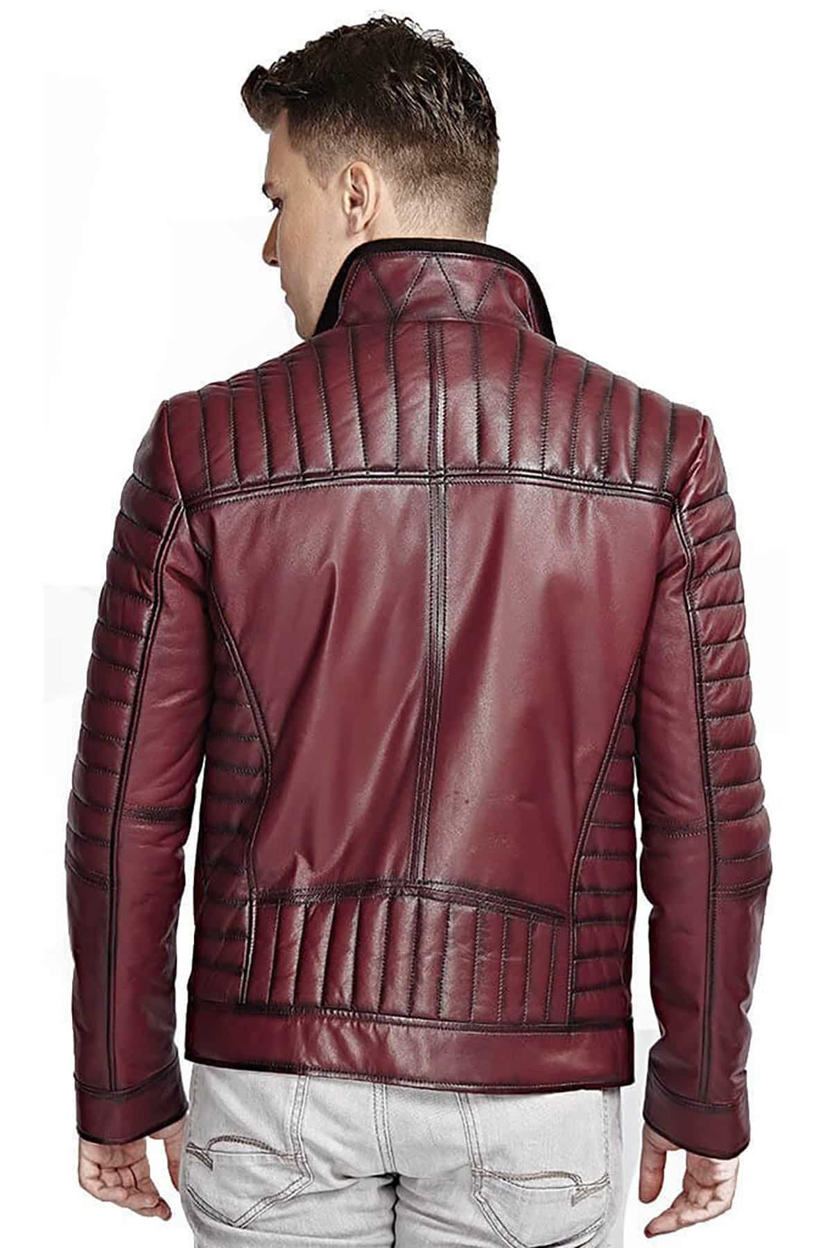 Mens Maroon Quilted Bomber Leather Coat2