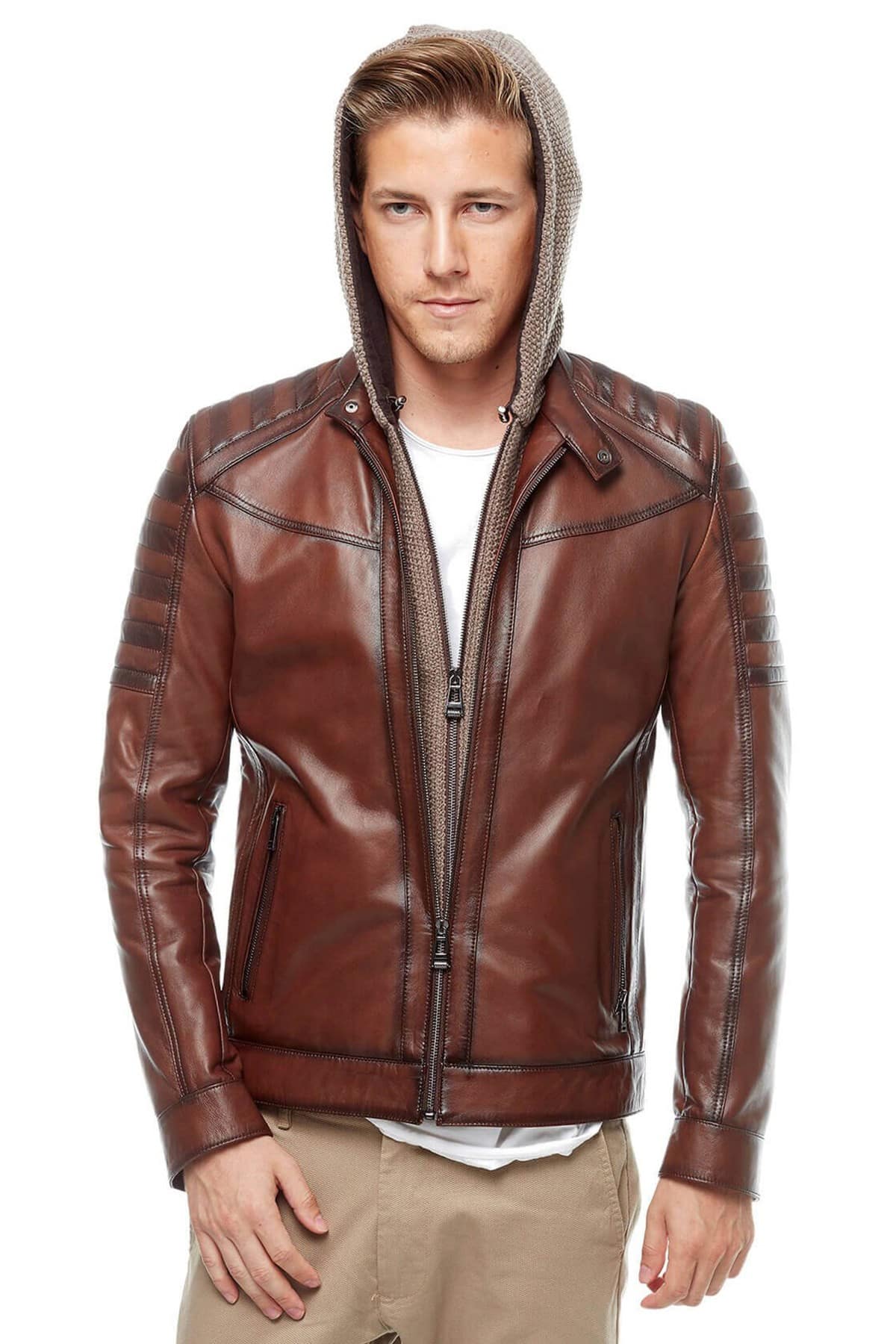 Men’s Stylish Brown Leather Hooded Jacket3