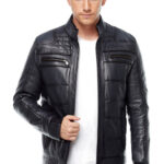 Men's 100% Real Navy Blue Leather Bomber Fashion Jacket