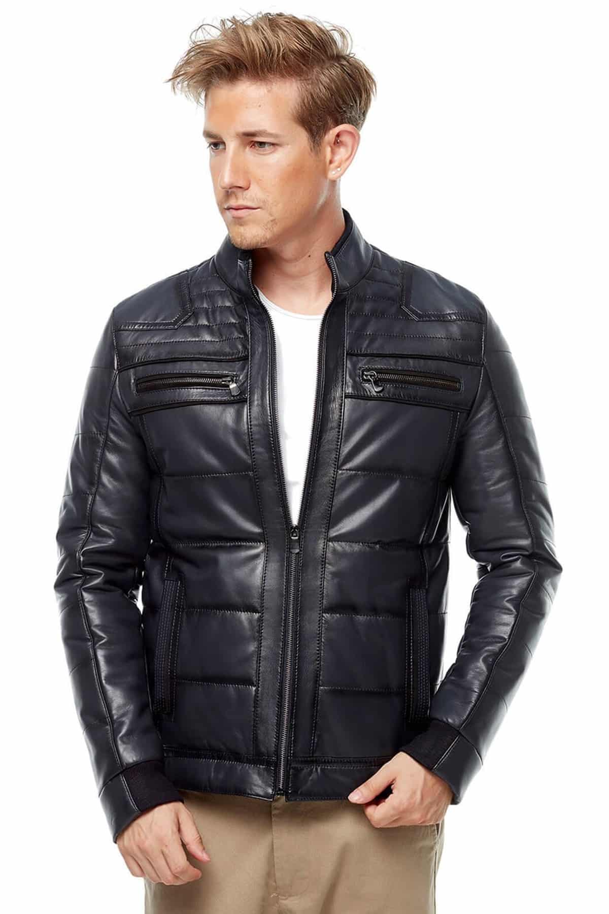 Navy Blue Bomber Fashion Leather Jacket - Urban Fashion Studio