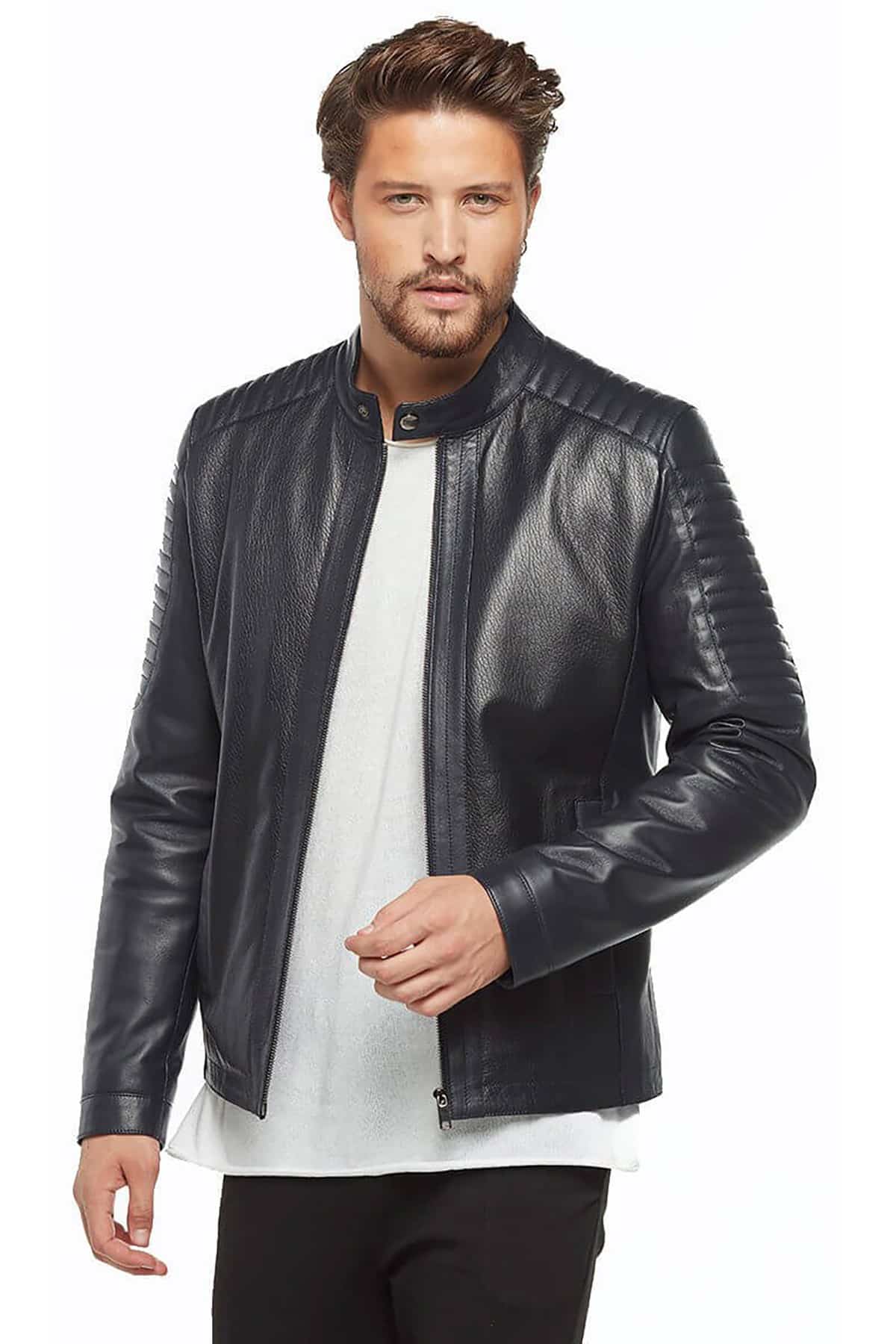 Men's 100 % Real Navy-Blue Leather Sport Jumbo Jacket