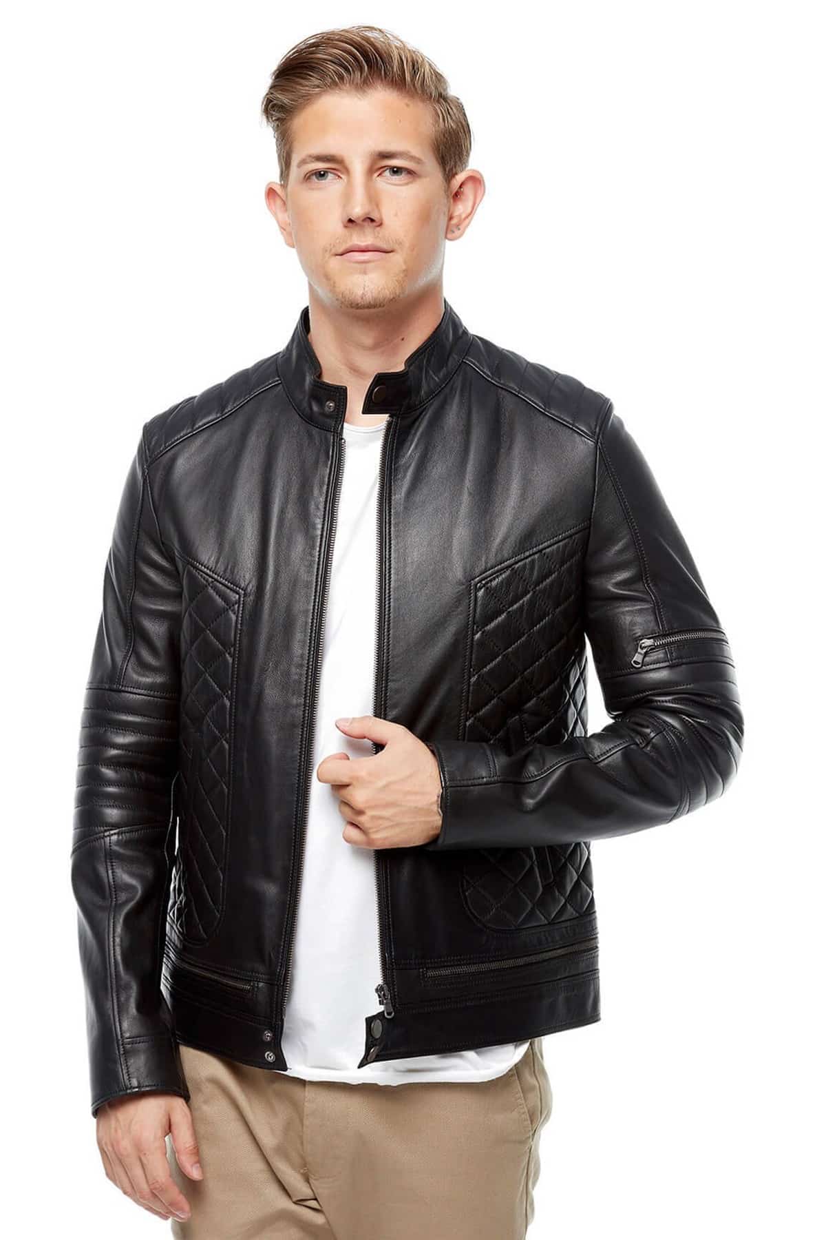 Urban Fashion Studio Men's Biker Style Lambskin Leather Jacket