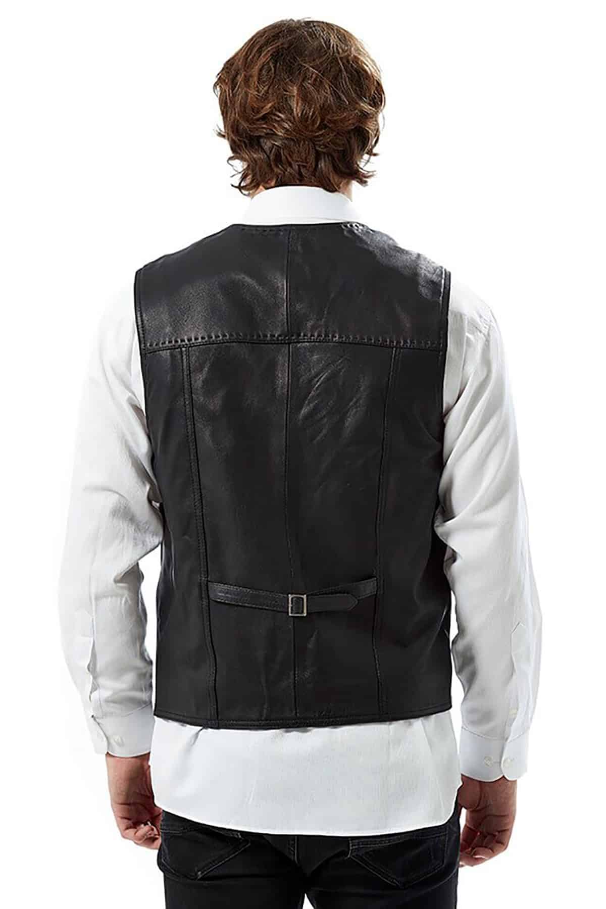 Men's 100 % Real Black Leather Stylish Pointed Vest