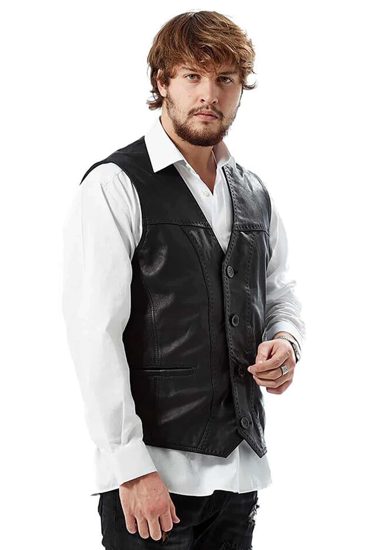 Stylish Pointed Black Leather Vest For Men’s3