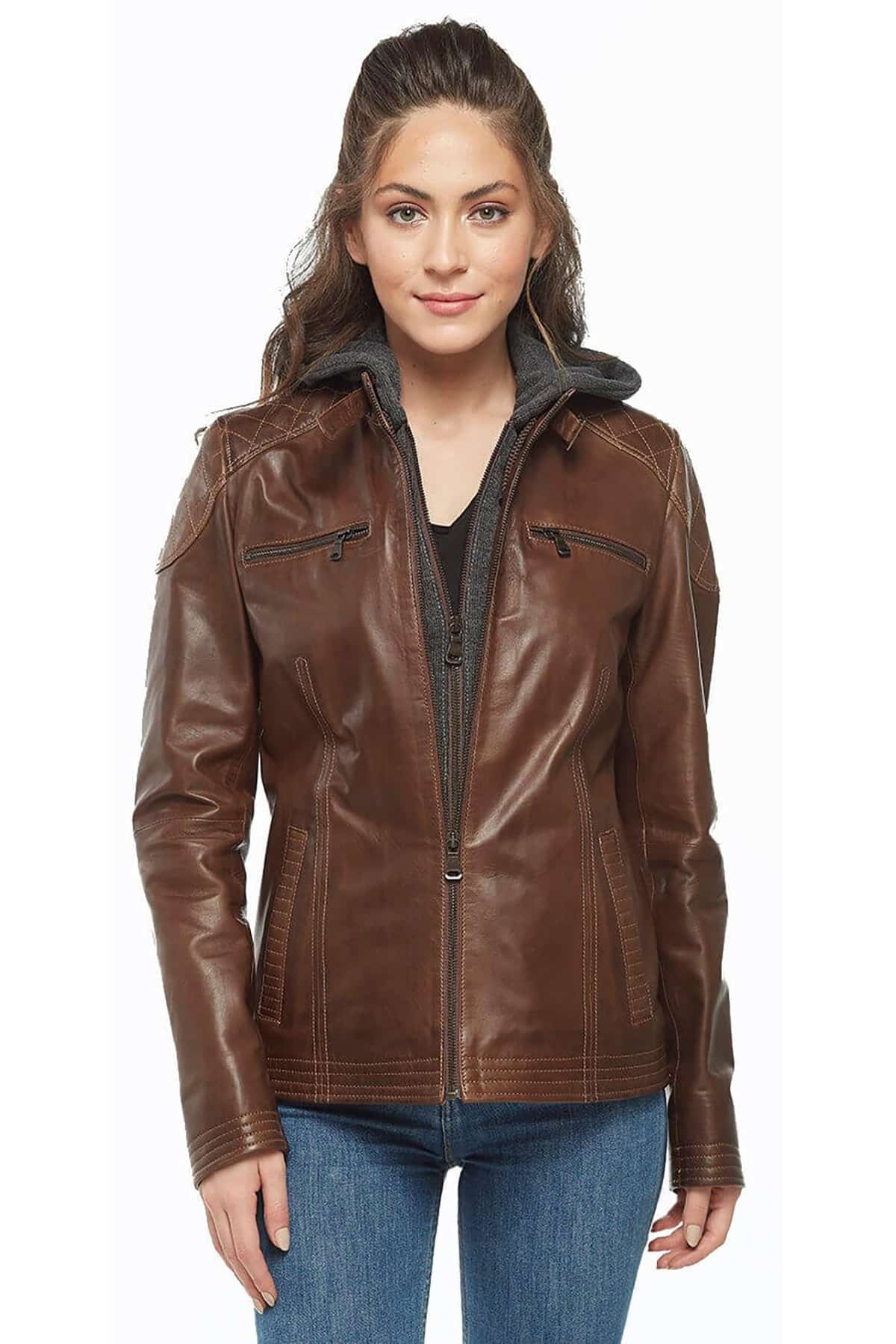 Brown Women’s Hooded Leather Jacket3