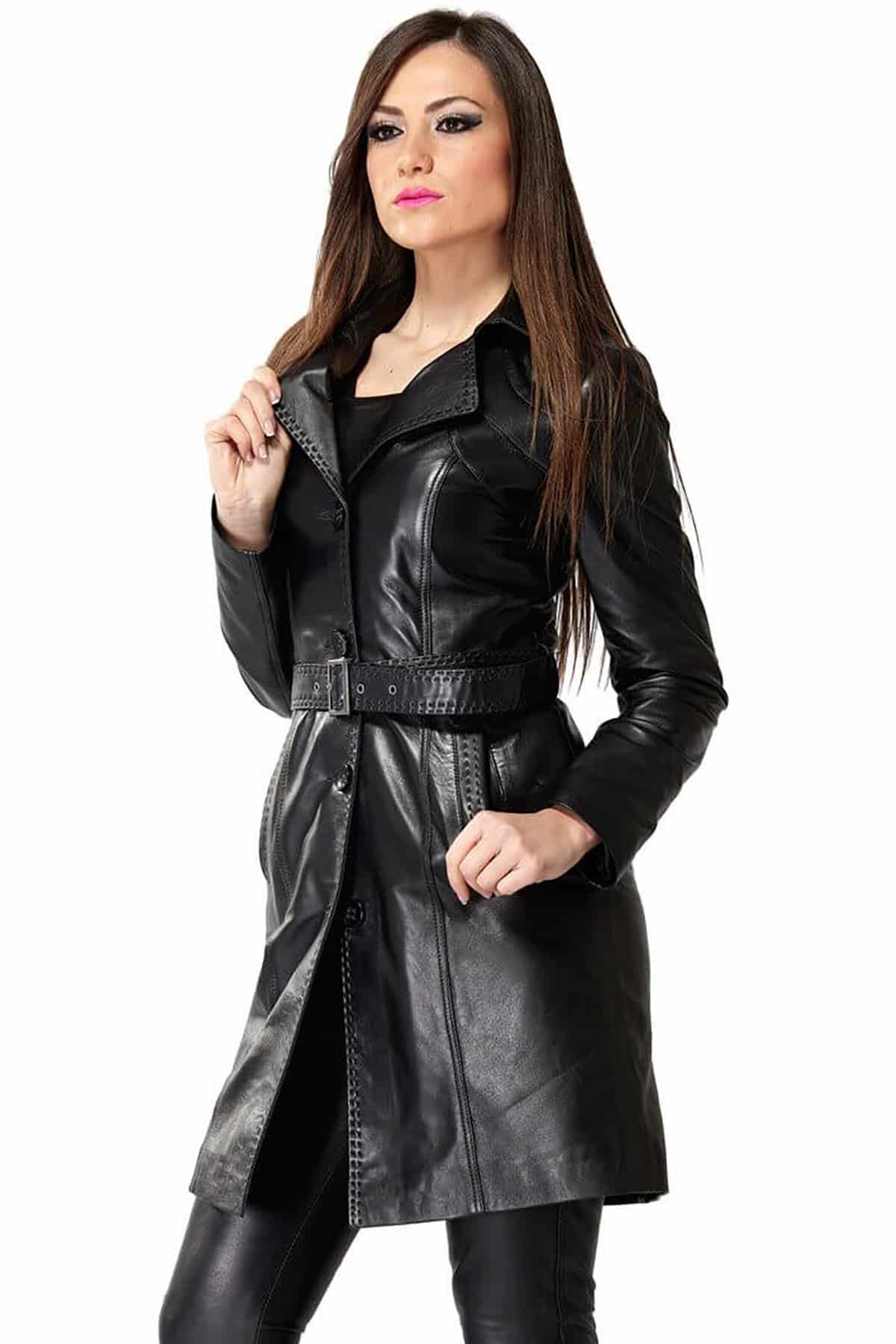 Women's 100 % Real Black Leather Pointed Trecnh Coat