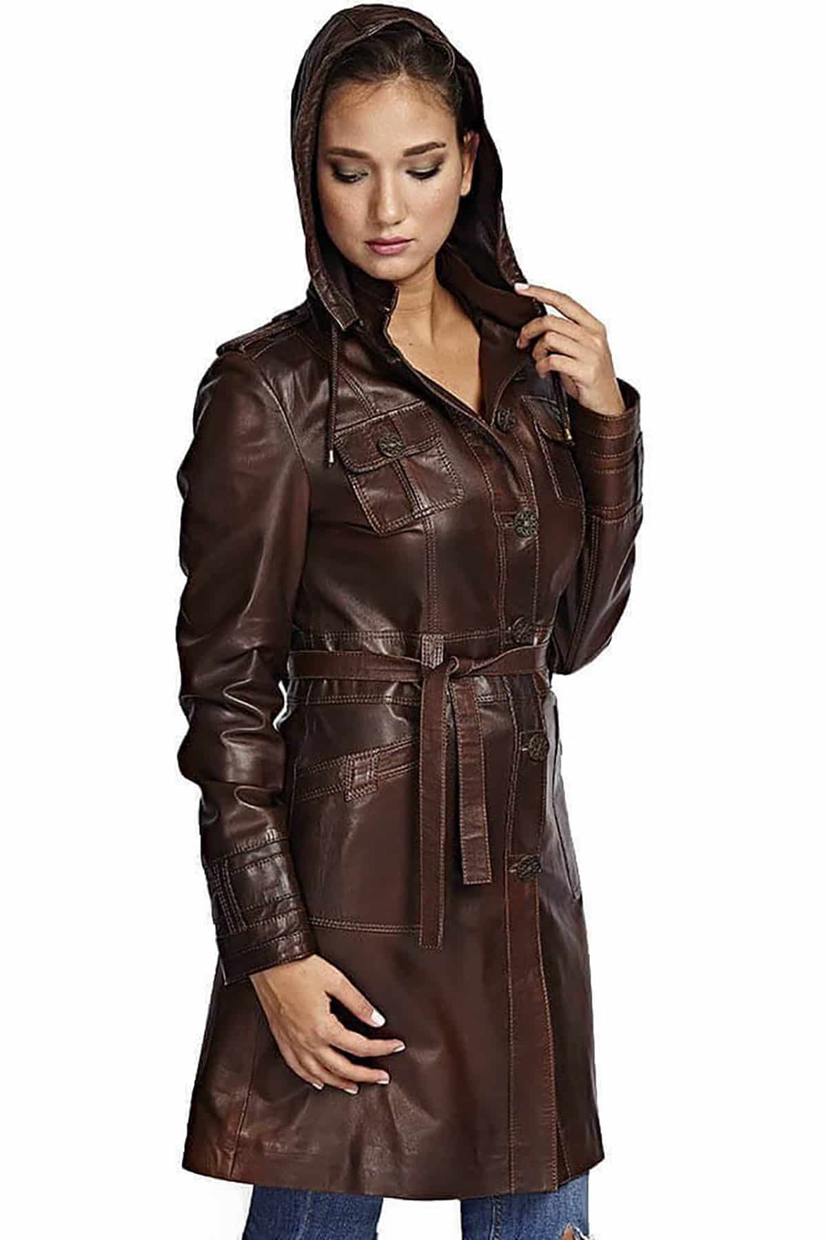 Women's 100 % Real Brown Leather Trench Belted Coat