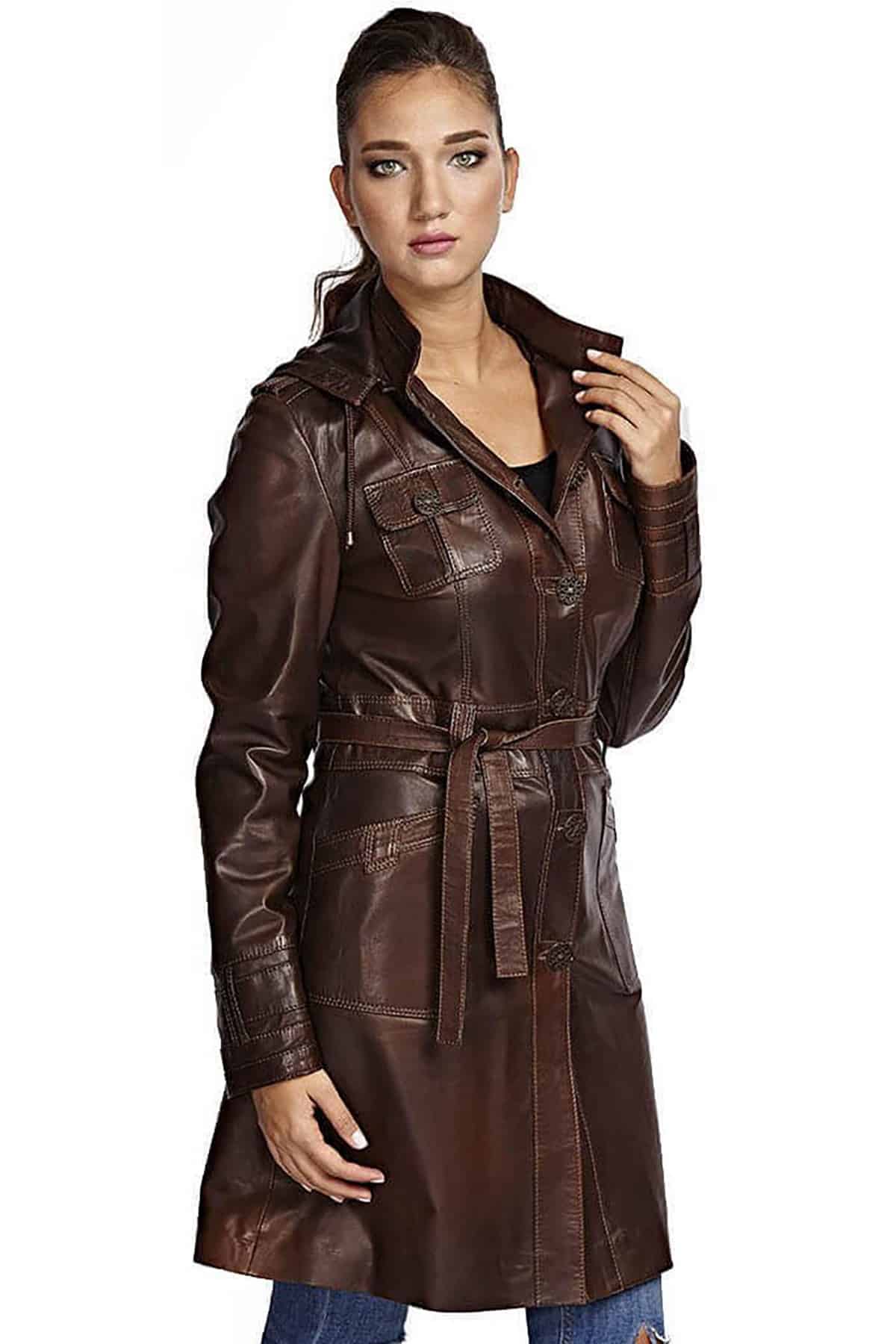 Women's 100 % Real Brown Leather Trench Belted Coat